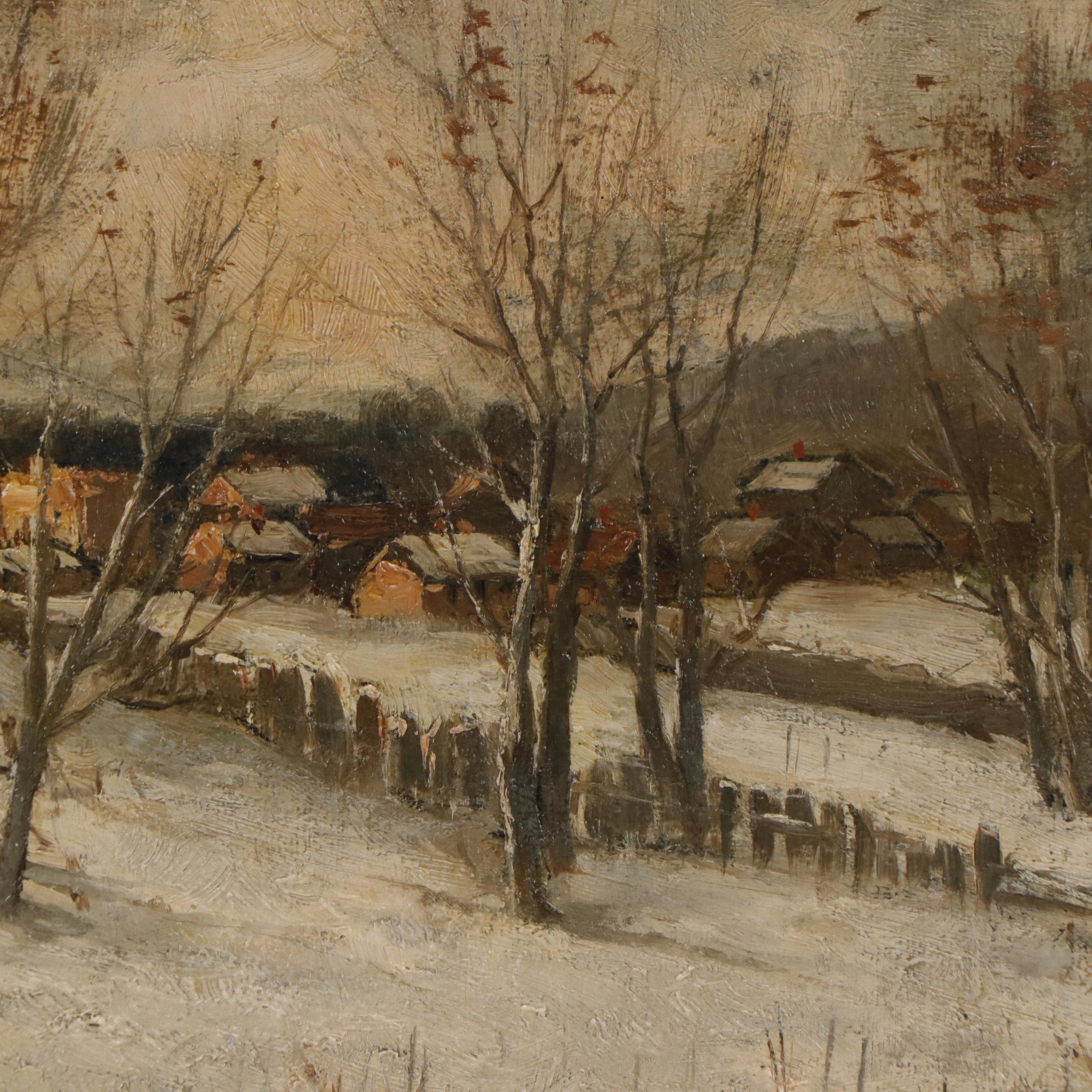 Snowy Winter Landscape Oil Painting, Circa 1900