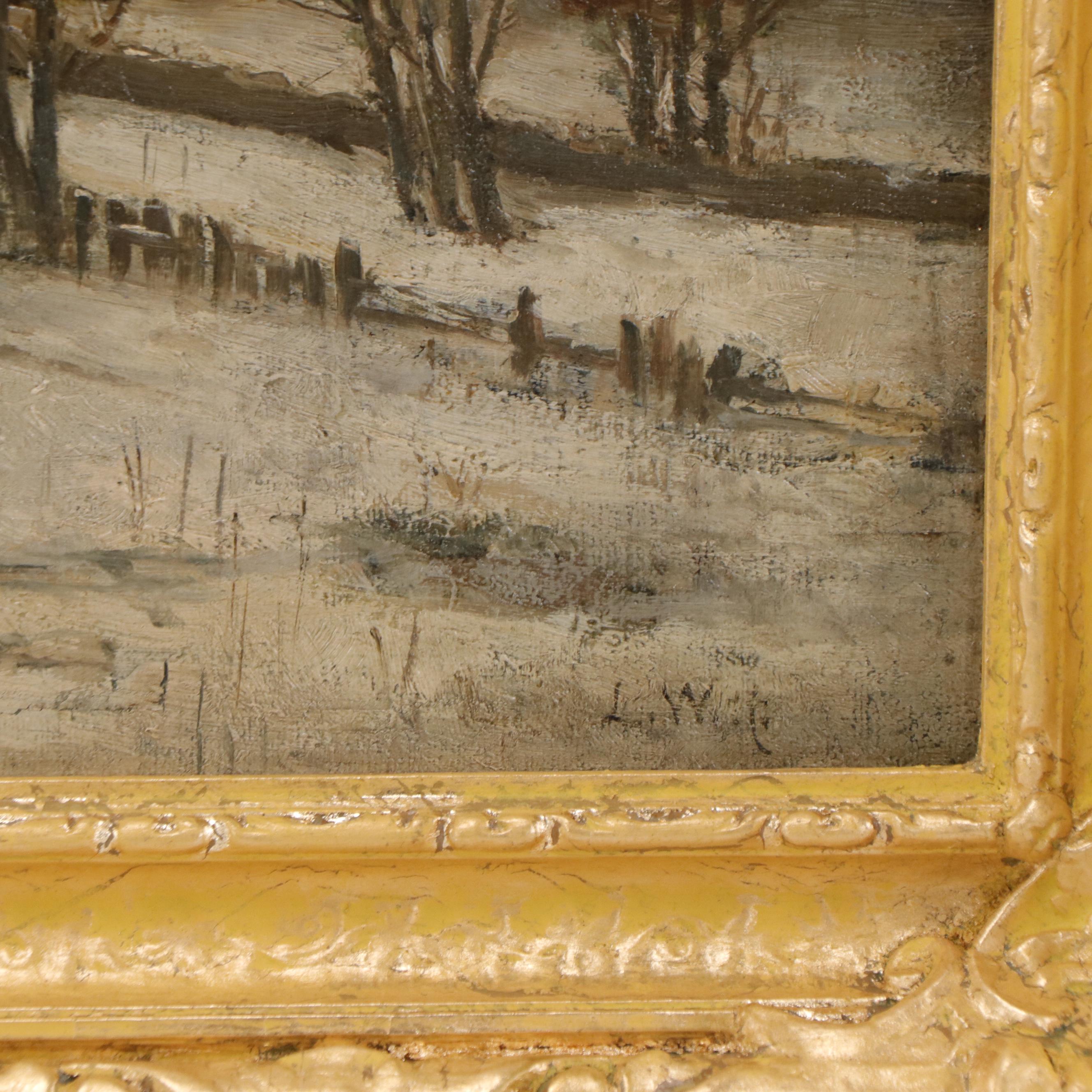 Snowy Winter Landscape Oil Painting, Circa 1900