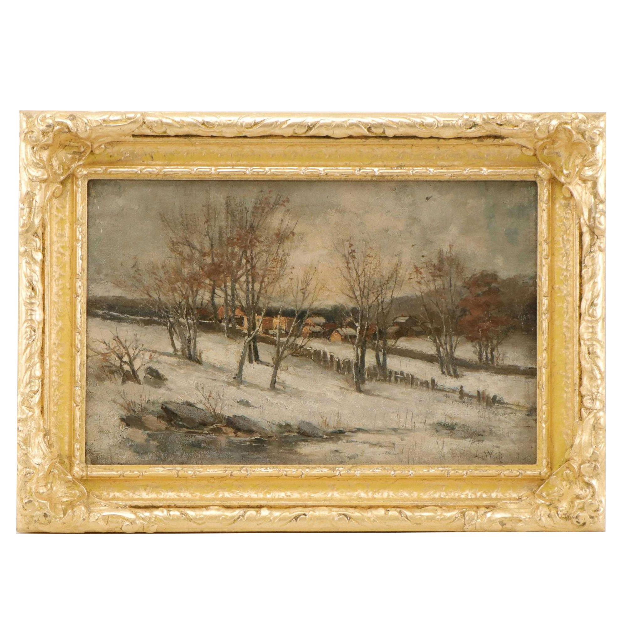 Snowy Winter Landscape Oil Painting, Circa 1900
