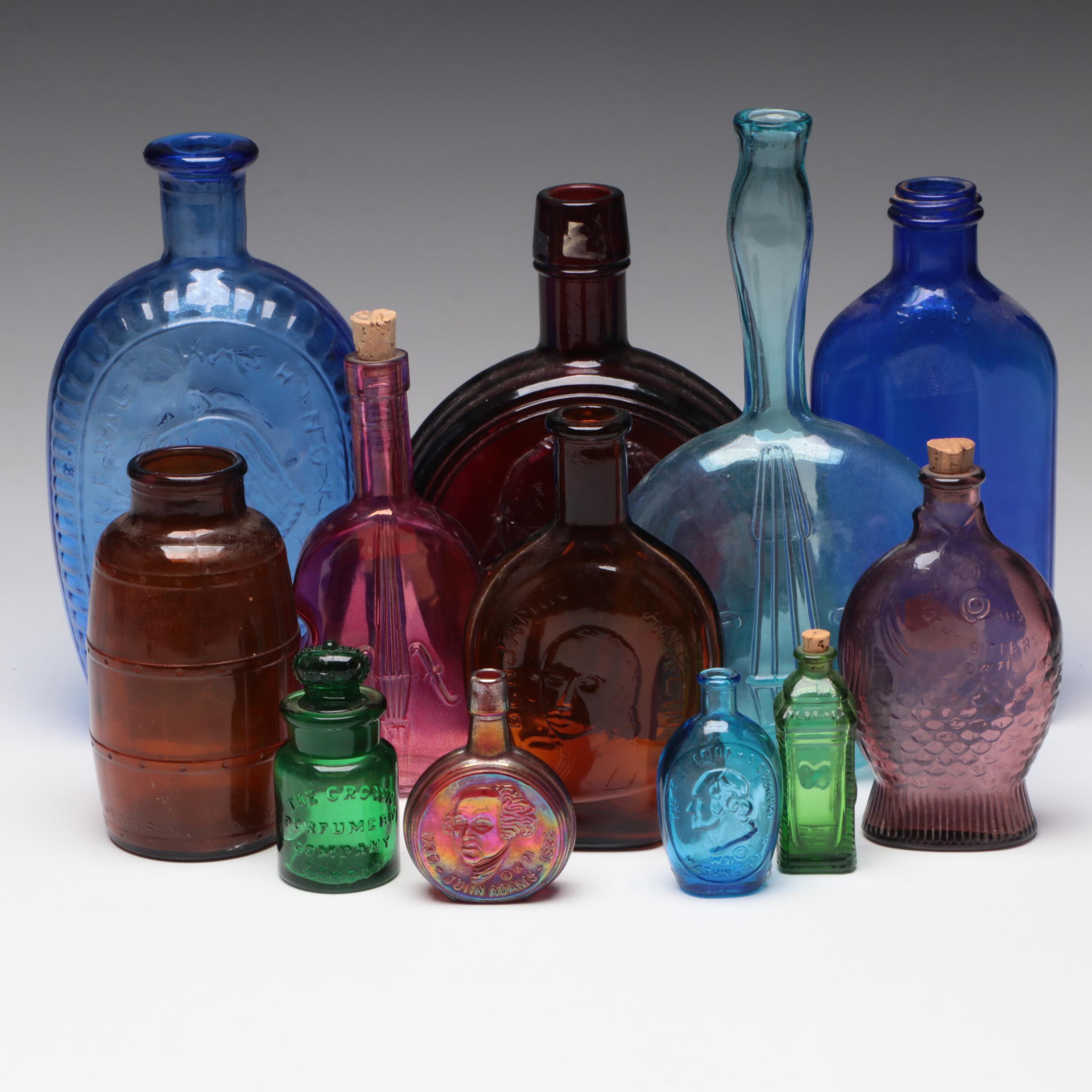 Cobalt Washington Bottle, Ruby Truman Bottle and Other Decorative Glass Bottles