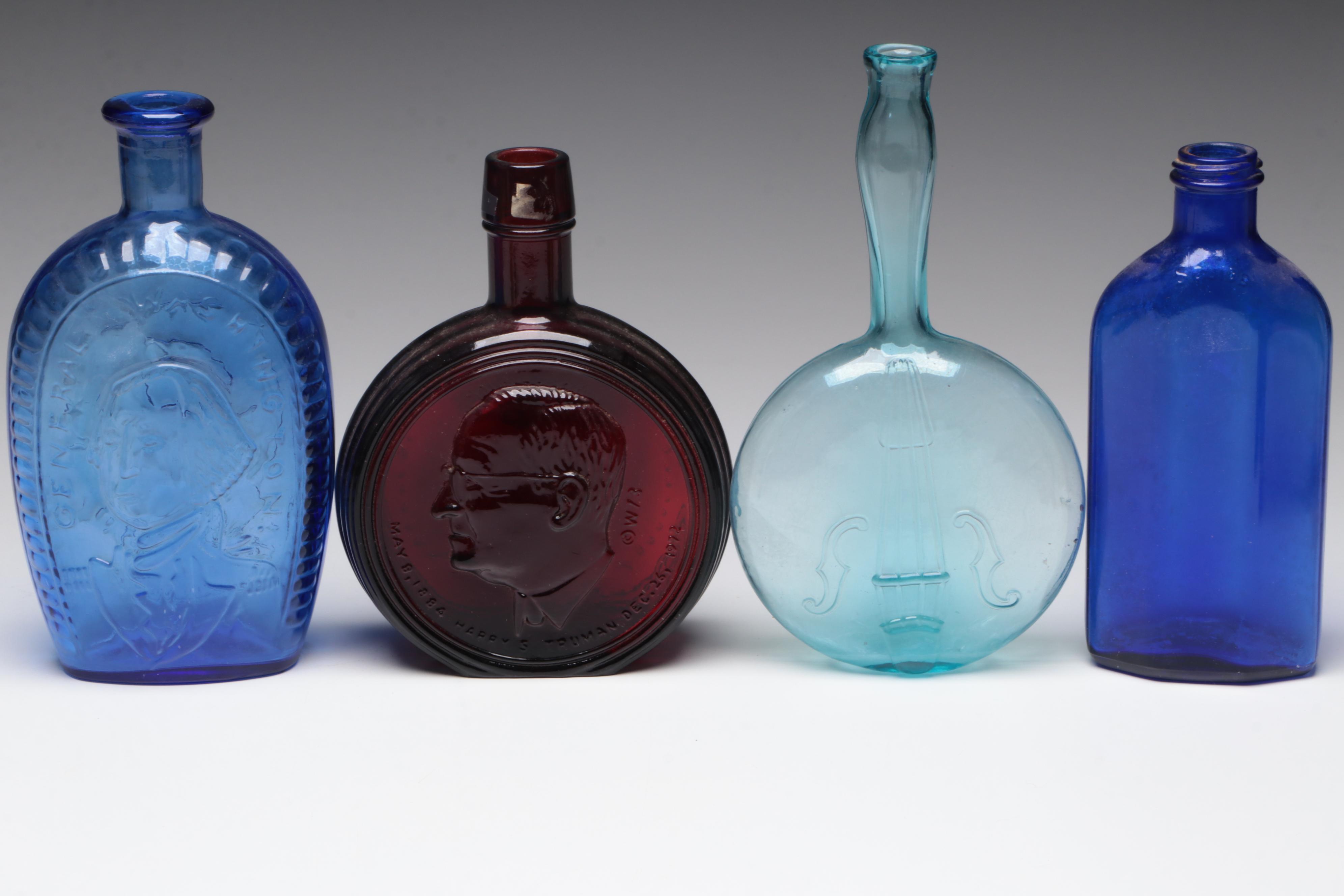 Cobalt Washington Bottle, Ruby Truman Bottle and Other Decorative Glass Bottles