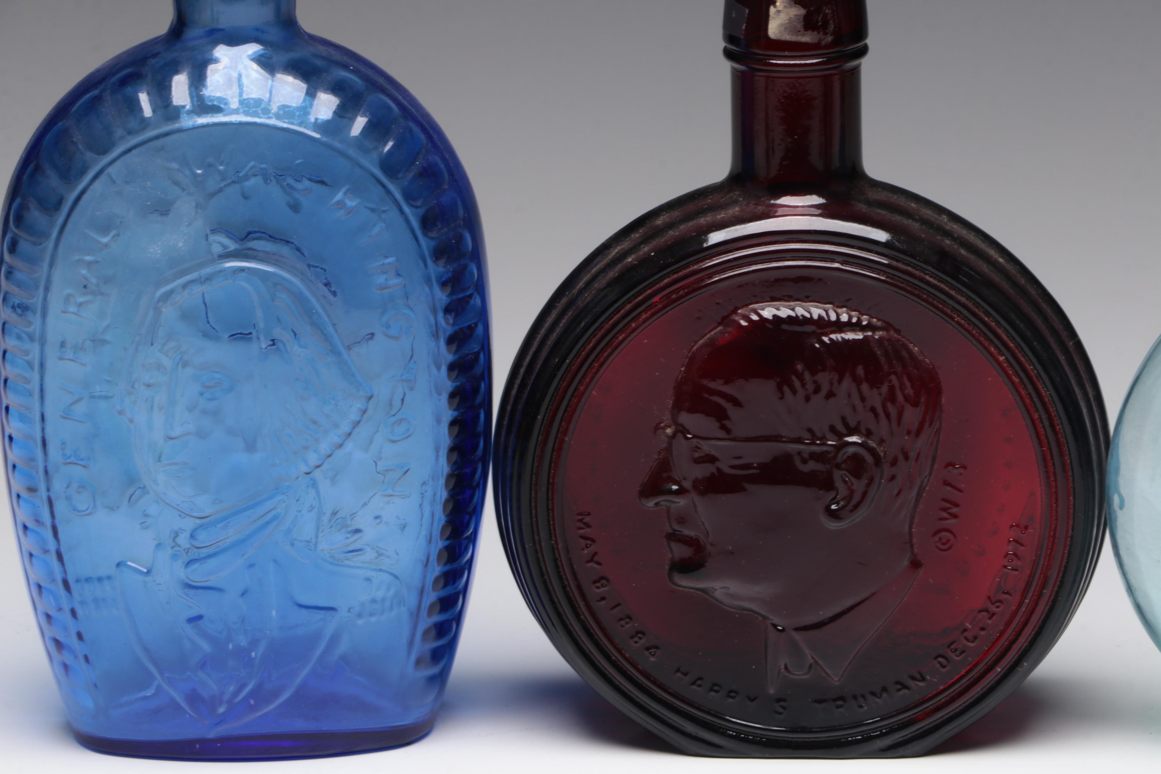 Cobalt Washington Bottle, Ruby Truman Bottle and Other Decorative Glass Bottles