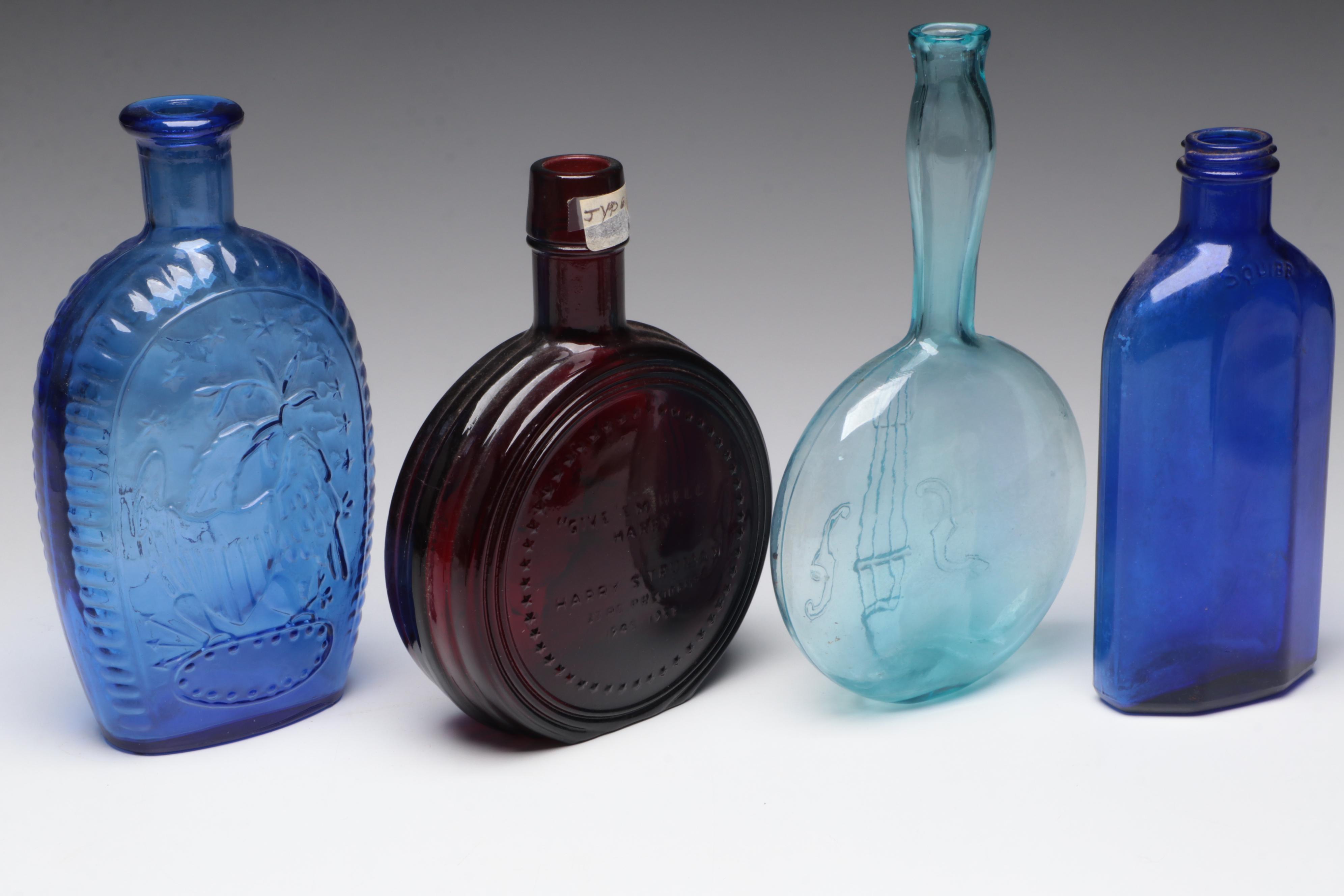 Cobalt Washington Bottle, Ruby Truman Bottle and Other Decorative Glass Bottles