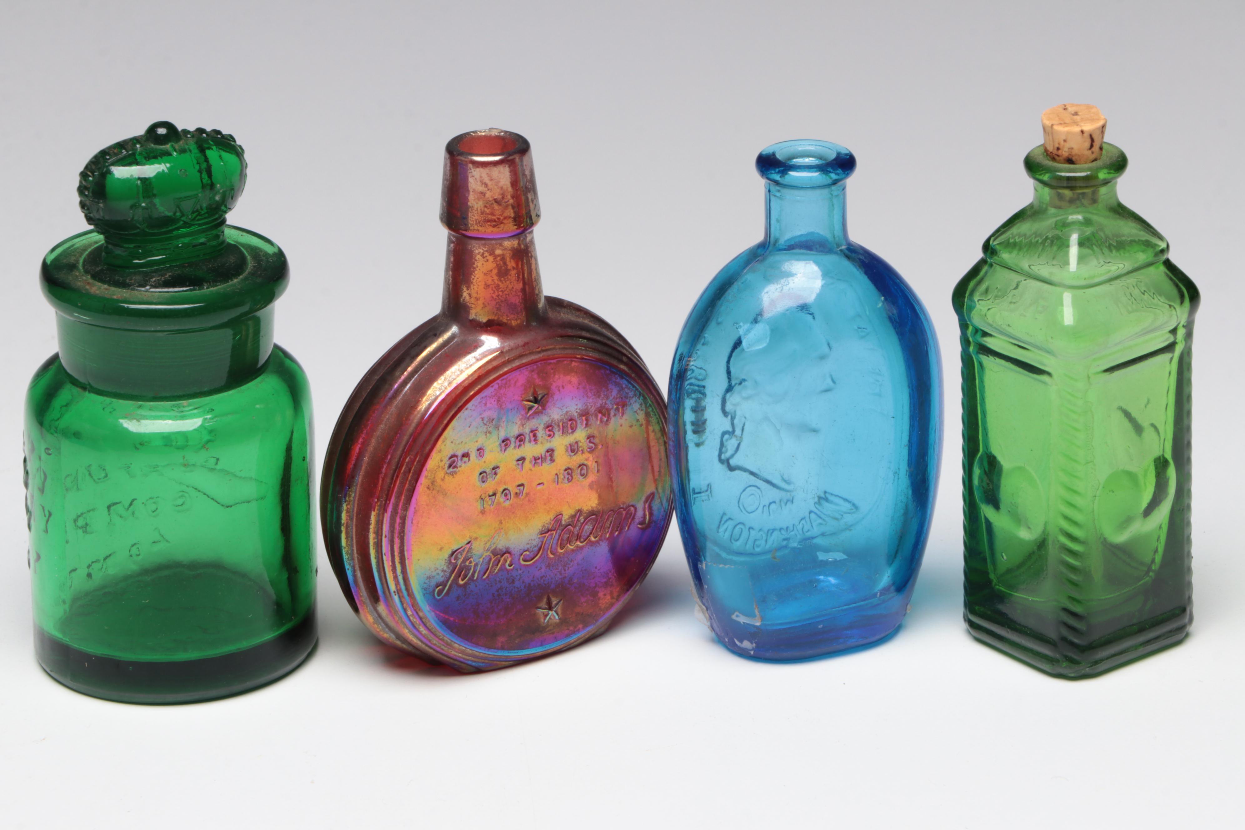 Cobalt Washington Bottle, Ruby Truman Bottle and Other Decorative Glass Bottles