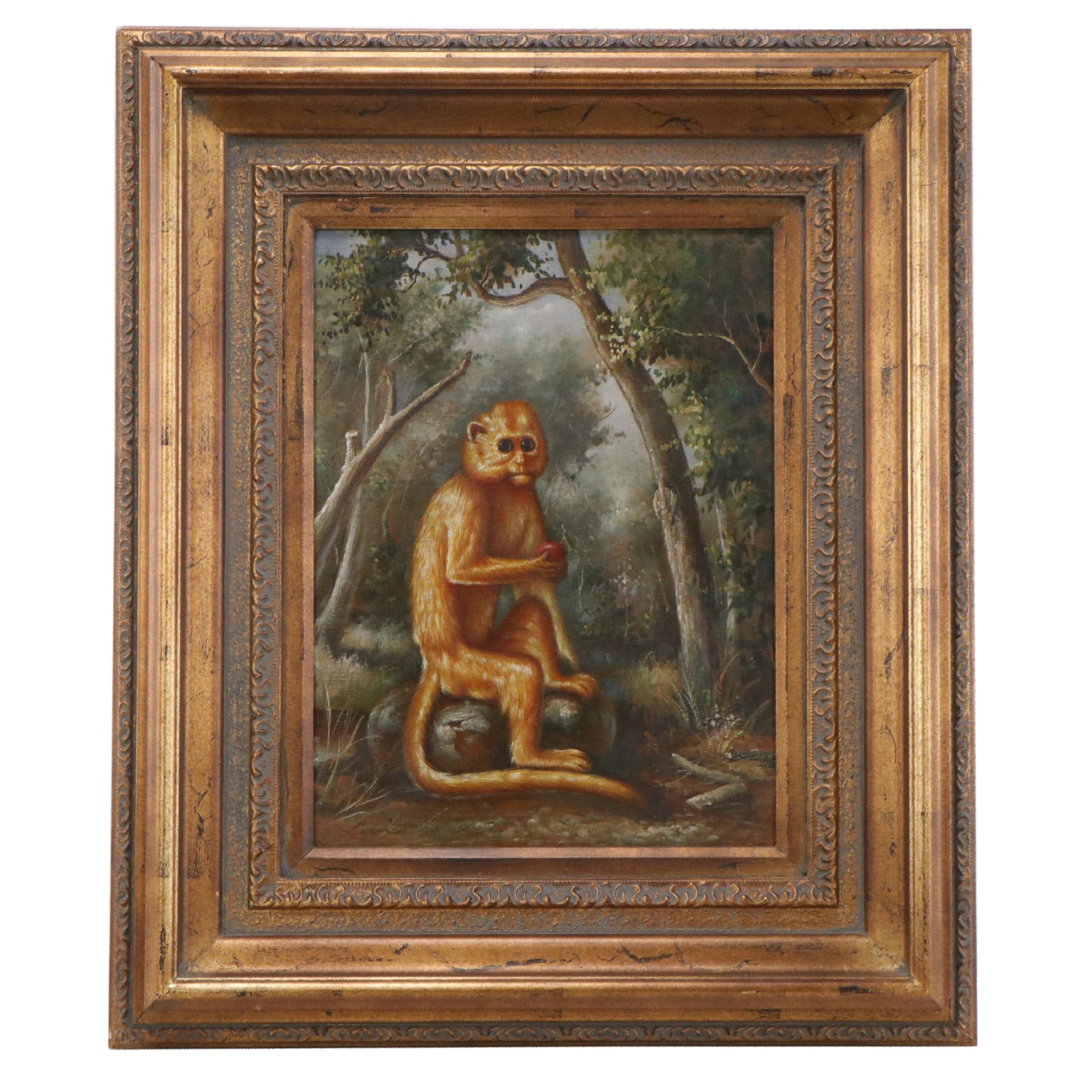 Levi Oil Painting of Monkey Eating an Apple