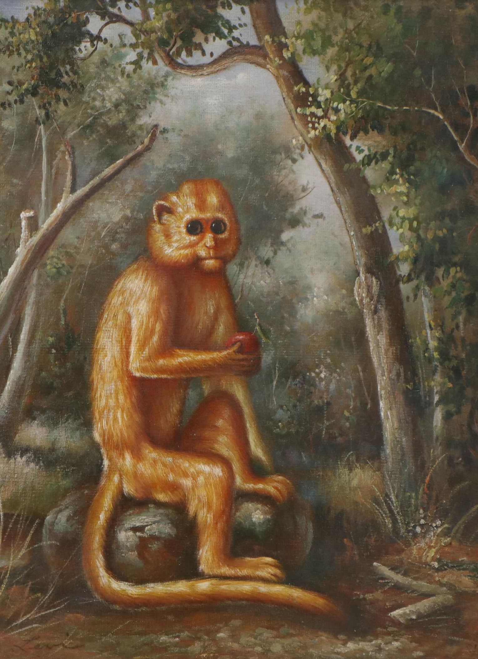 Levi Oil Painting of Monkey Eating an Apple