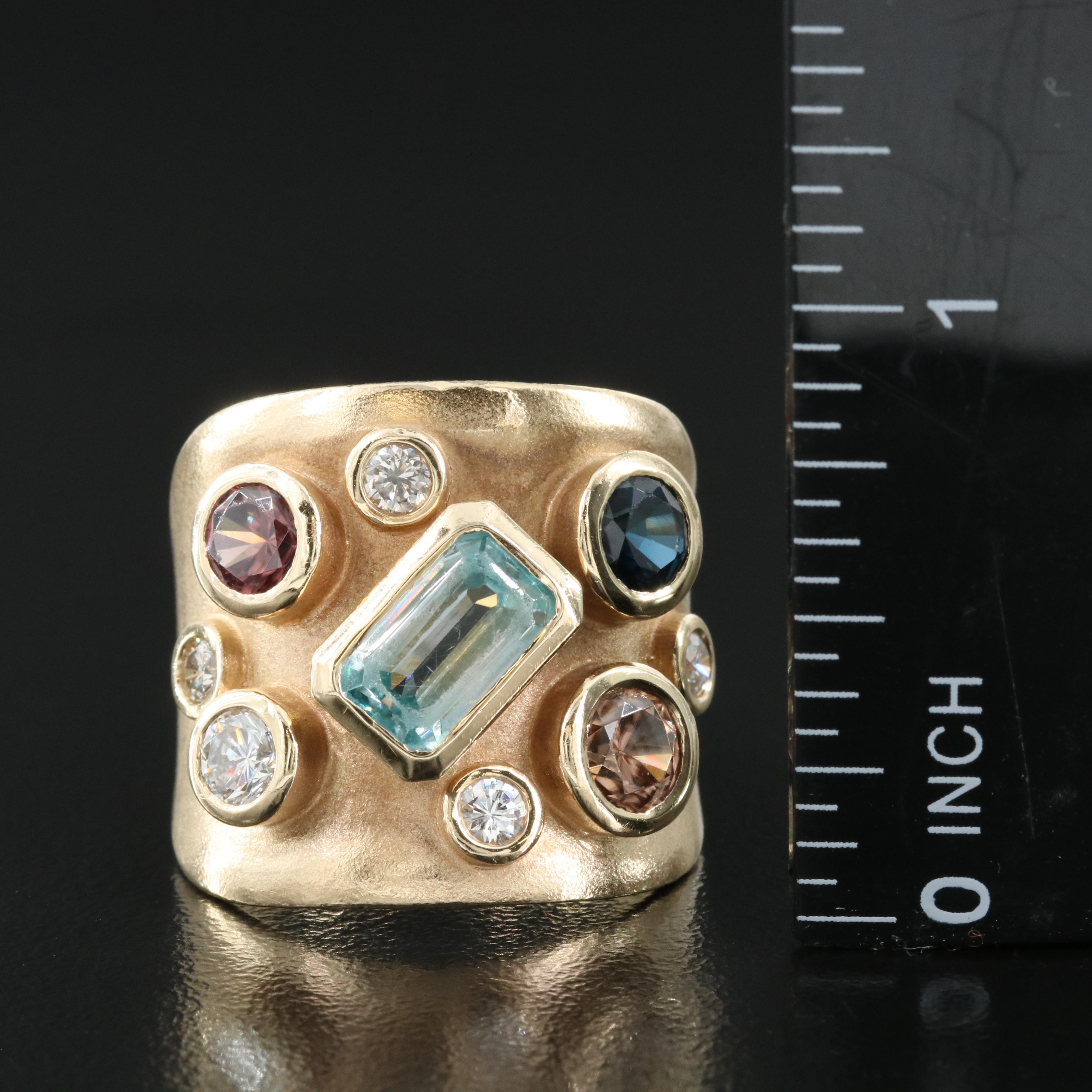 14K Multi-Gemstone Saddle Ring Including Zircon, Diamond and Sapphire