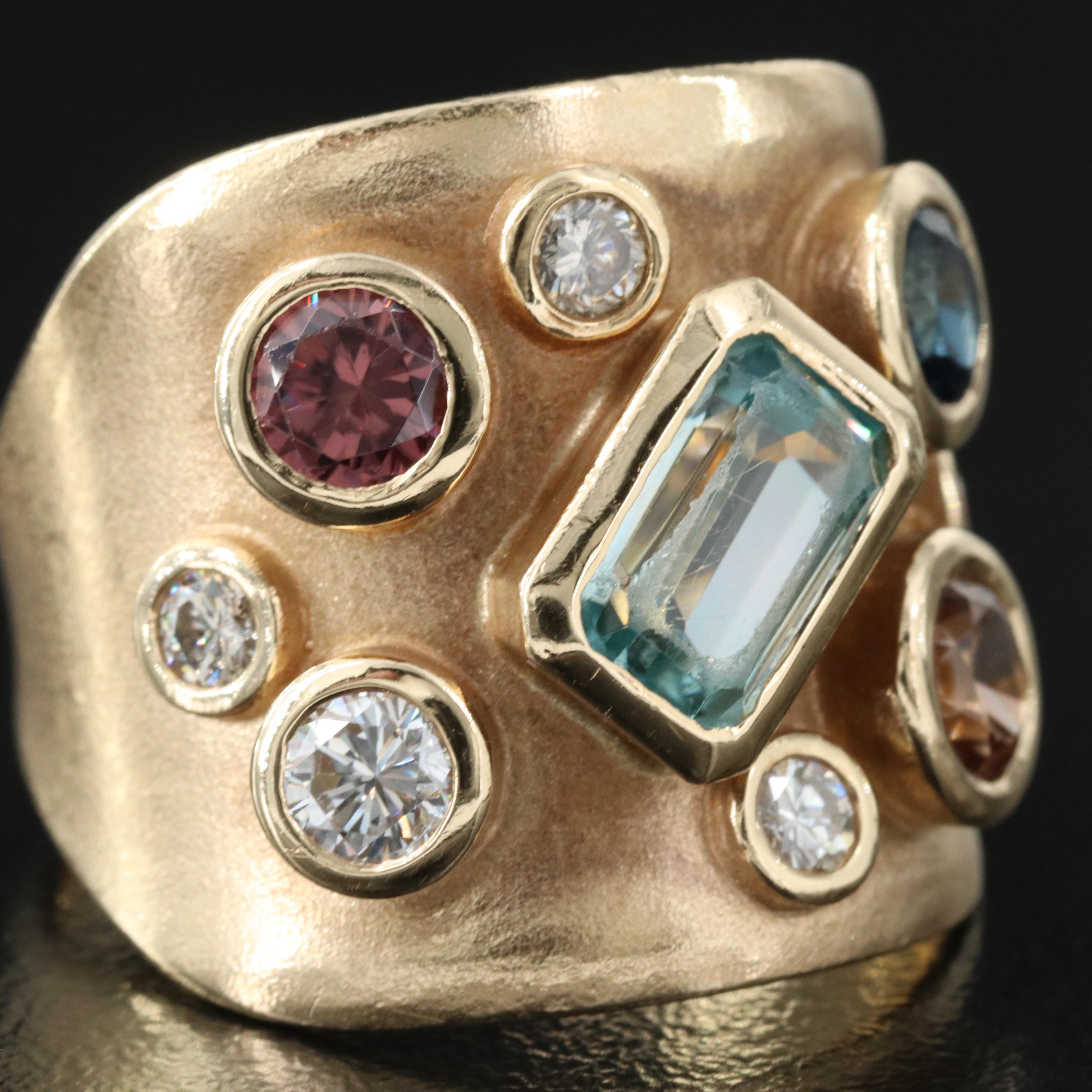 14K Multi-Gemstone Saddle Ring Including Zircon, Diamond and Sapphire