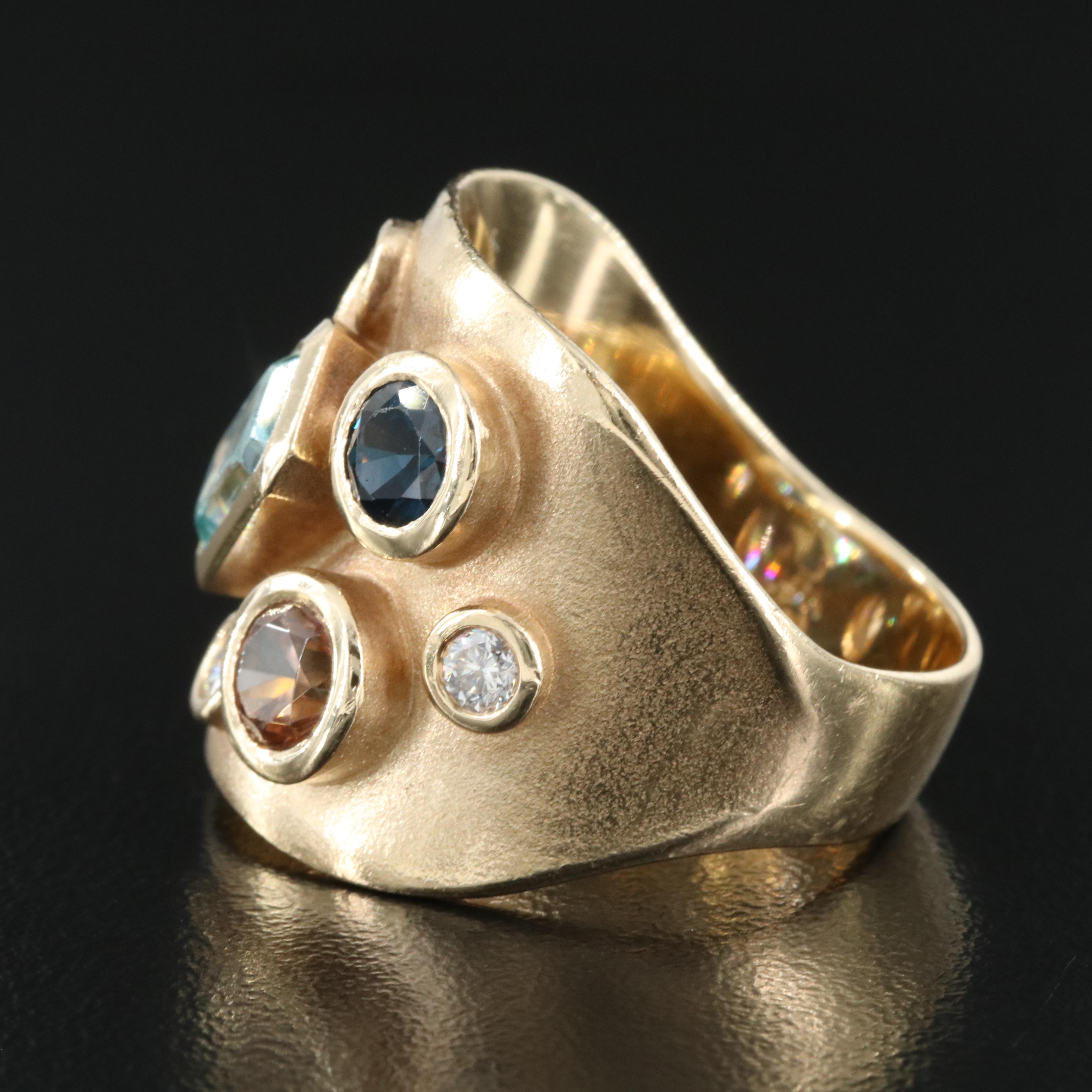 14K Multi-Gemstone Saddle Ring Including Zircon, Diamond and Sapphire