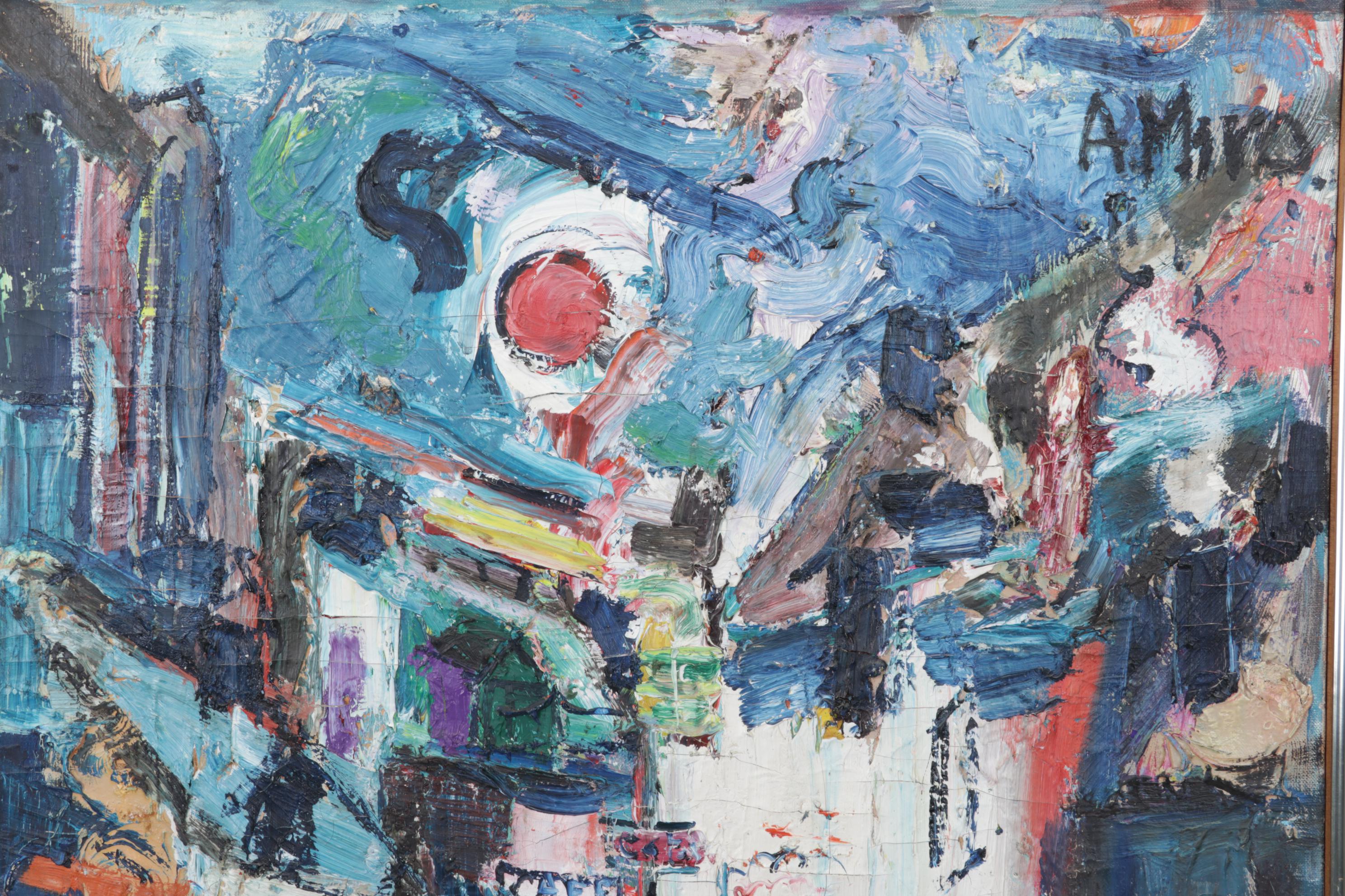 A. Miro Abstract Street Scene Impasto Oil Painting, Mid 20th Century