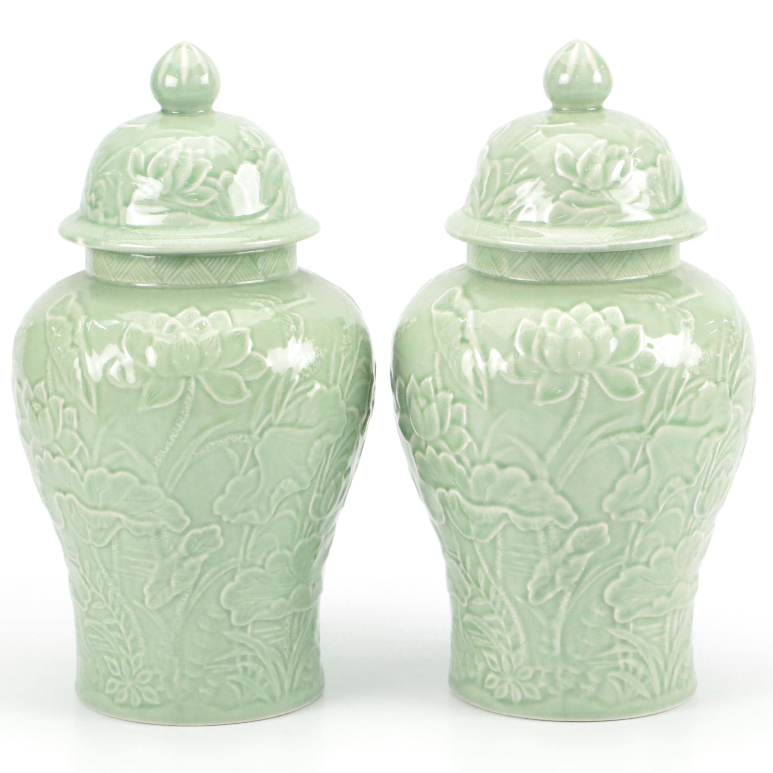 Andrea by Sadek Celadon Lotus Form Ceramic Ginger Jars