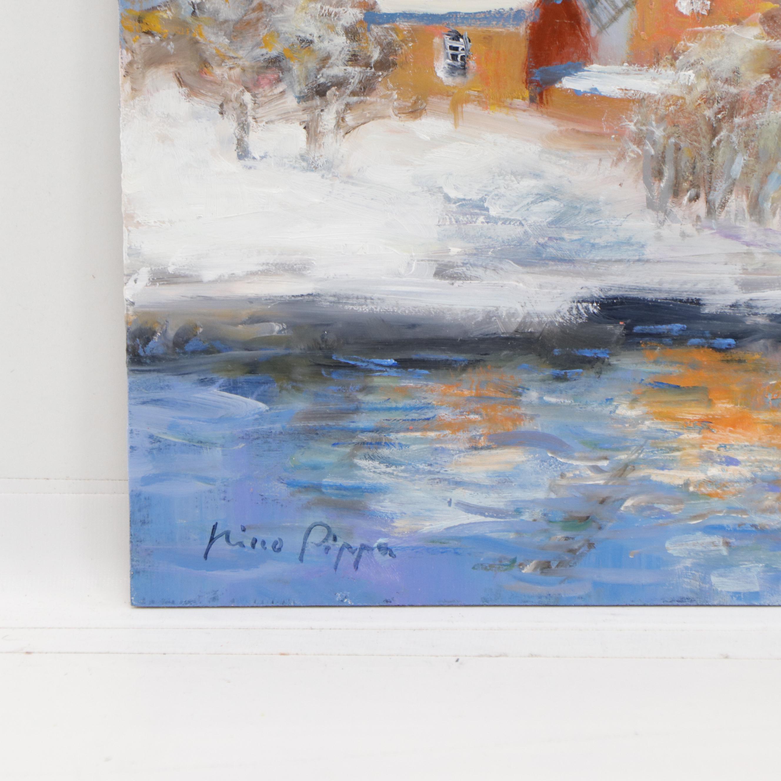 Nino Pippa Oil Painting "Snow in Normandy - Windmill on the Oise," 21st Century