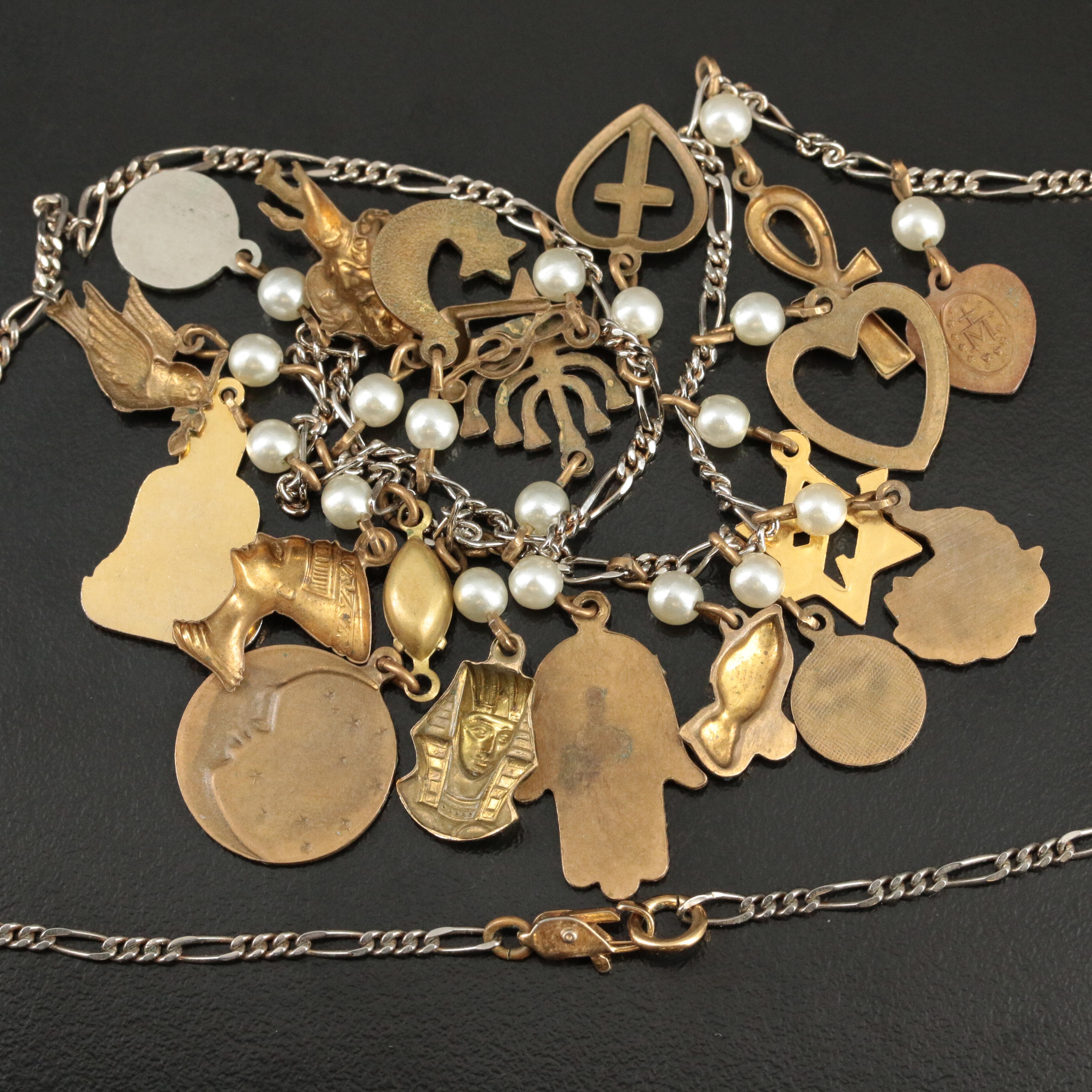 World Religions Charm Necklace with Rhinestone and Faux Pearls EBTH