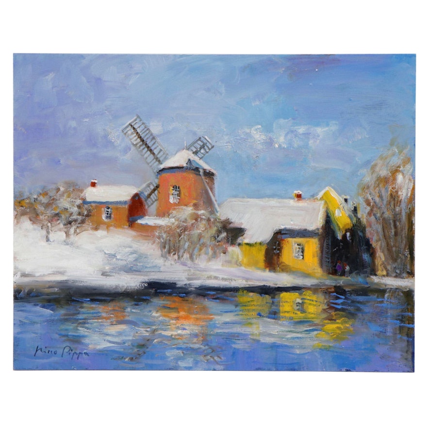 Nino Pippa Oil Painting "Snow in Normandy - Windmill on the Oise," 21st Century