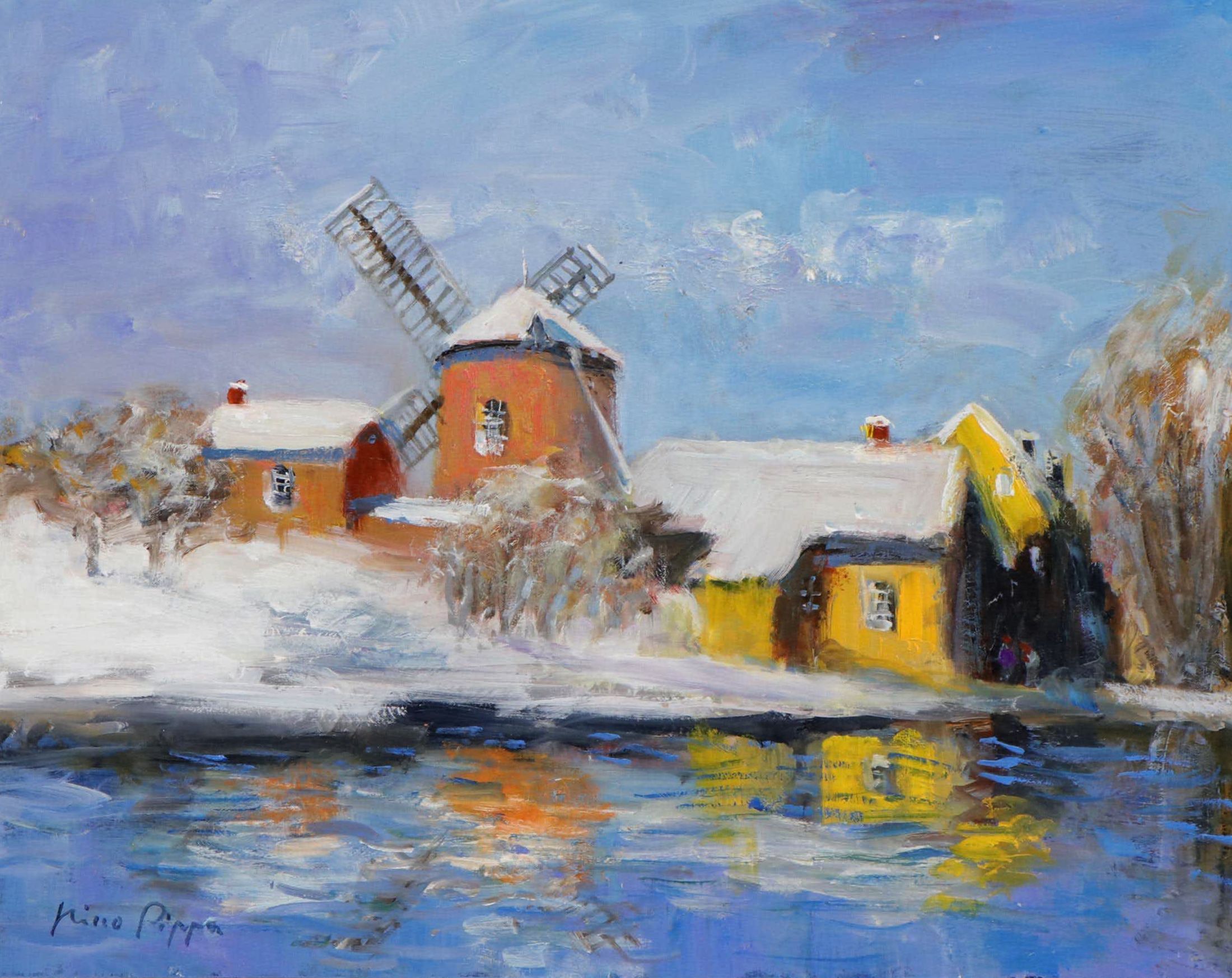 Nino Pippa Oil Painting "Snow in Normandy - Windmill on the Oise," 21st Century