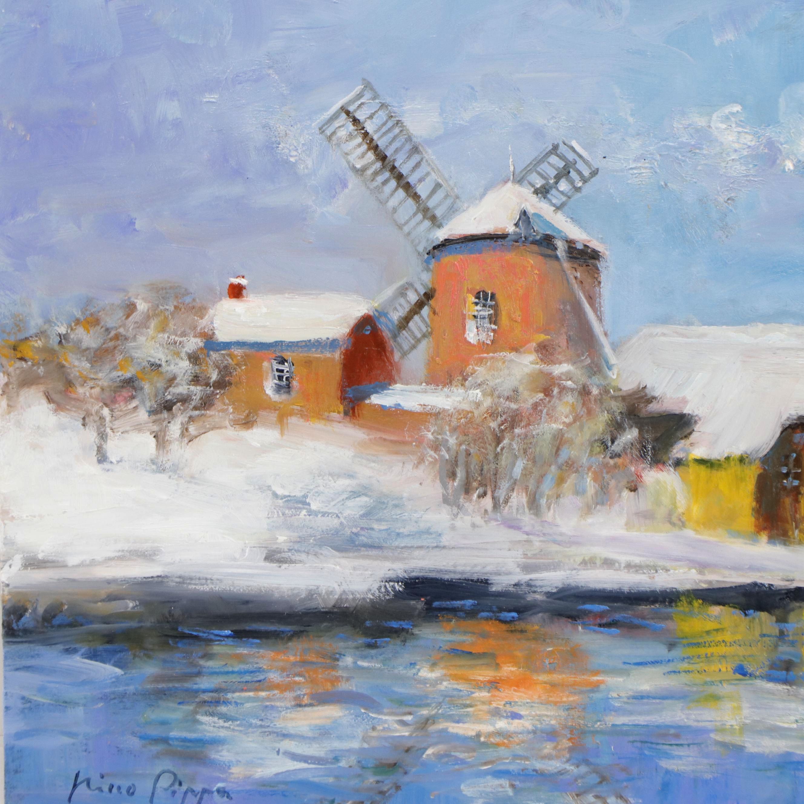 Nino Pippa Oil Painting "Snow in Normandy - Windmill on the Oise," 21st Century