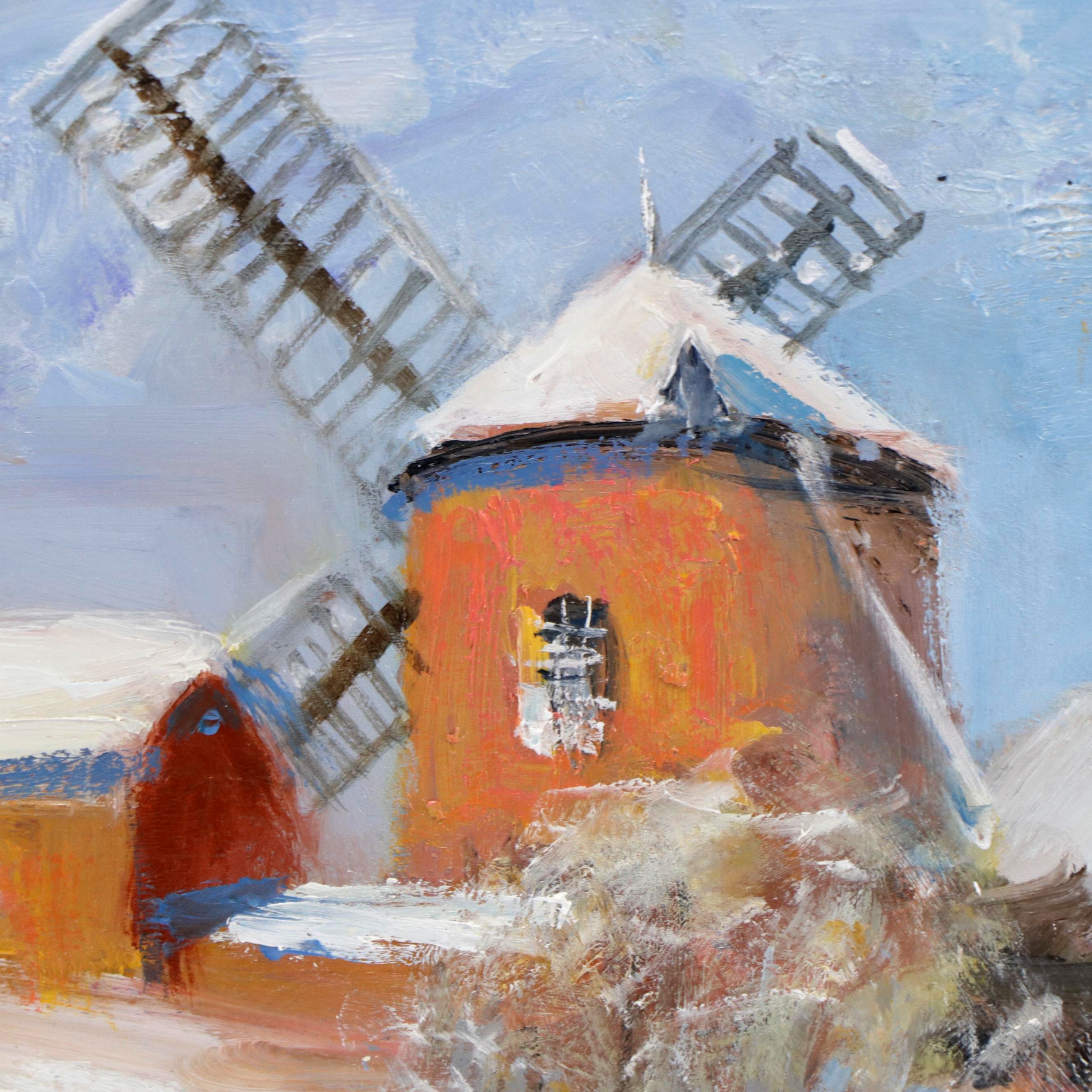 Nino Pippa Oil Painting "Snow in Normandy - Windmill on the Oise," 21st Century