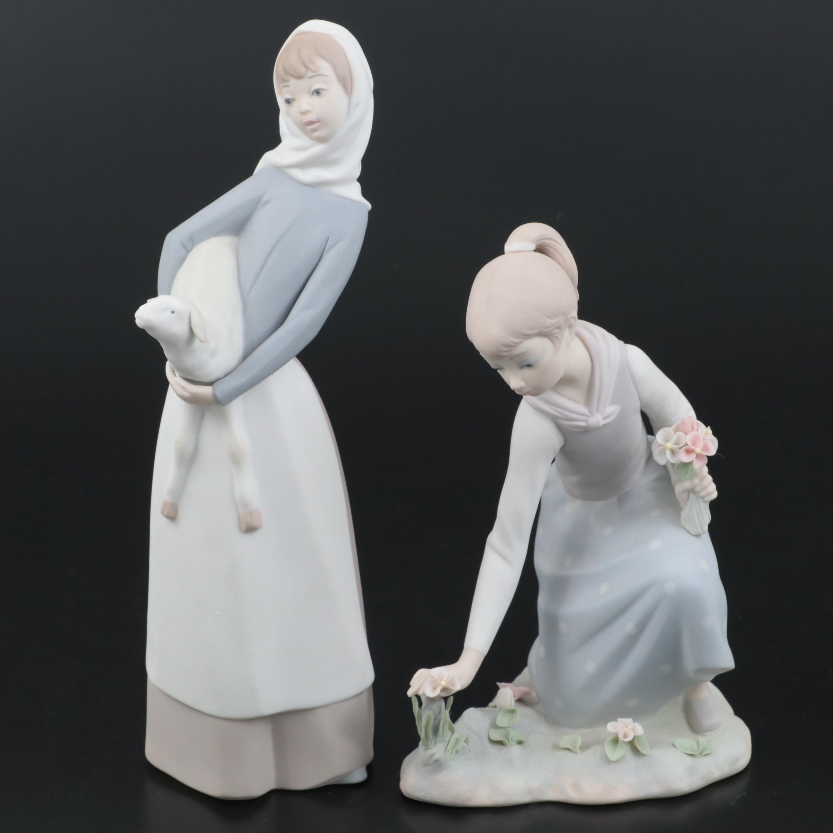 Lladró "Girl with Lamb" and "Girl Gathering Flowers" Porcelain Figurines