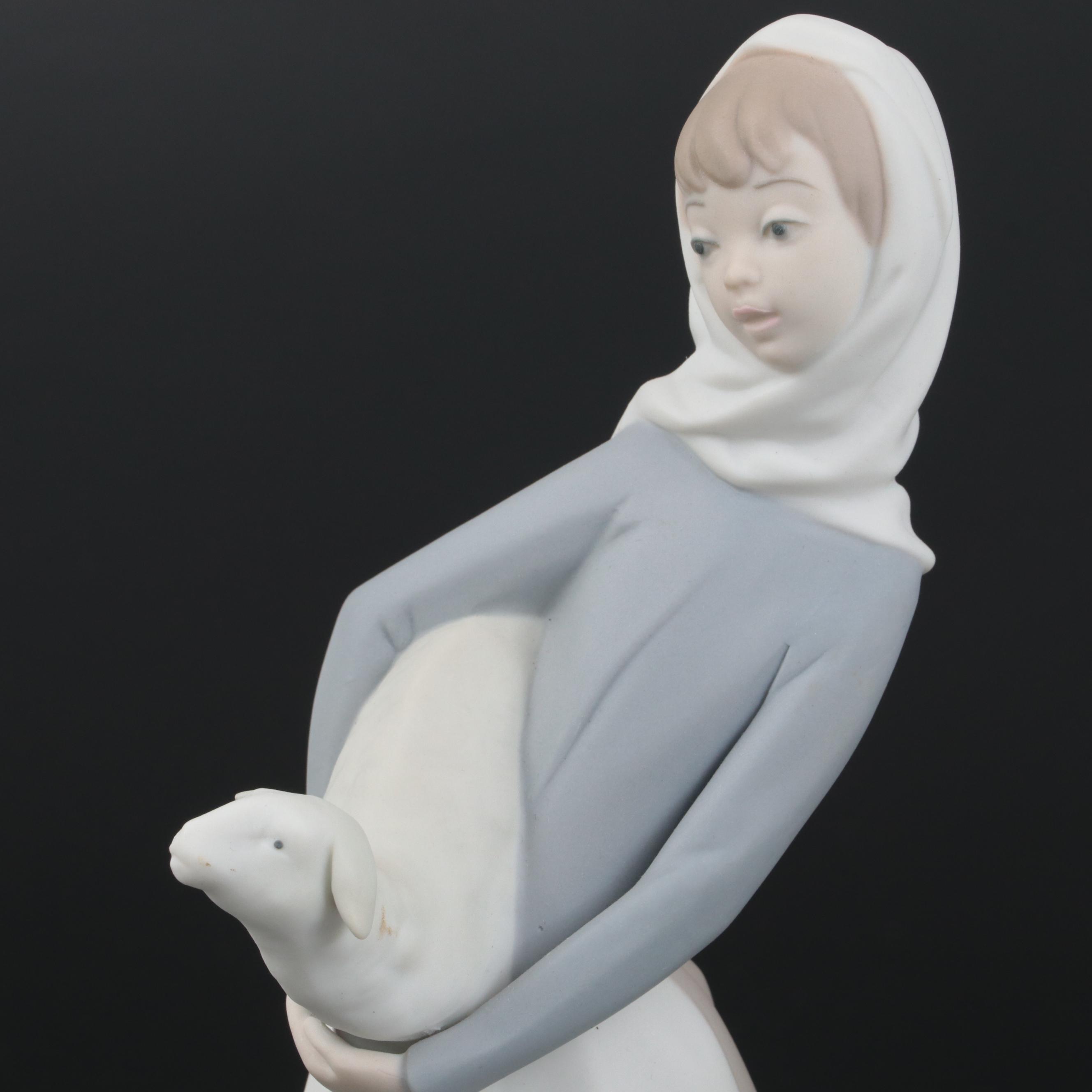 Lladró "Girl with Lamb" and "Girl Gathering Flowers" Porcelain Figurines
