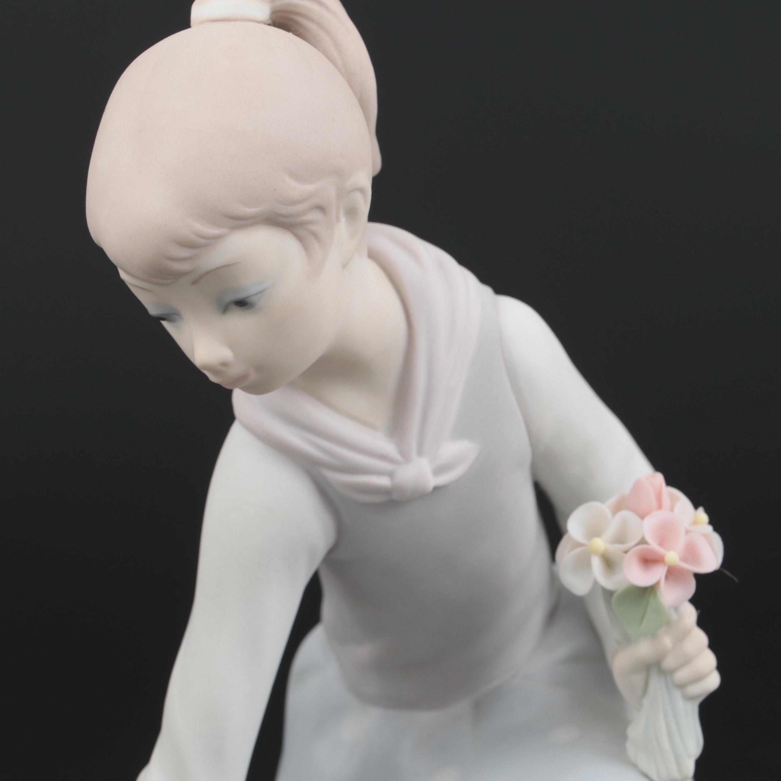 Lladró "Girl with Lamb" and "Girl Gathering Flowers" Porcelain Figurines