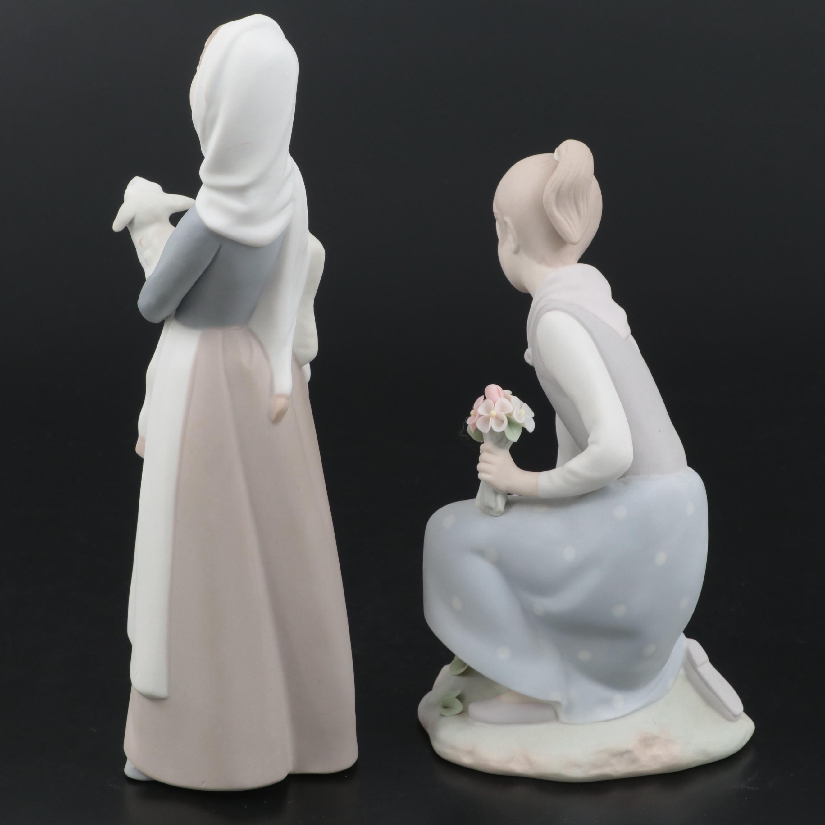 Lladró "Girl with Lamb" and "Girl Gathering Flowers" Porcelain Figurines