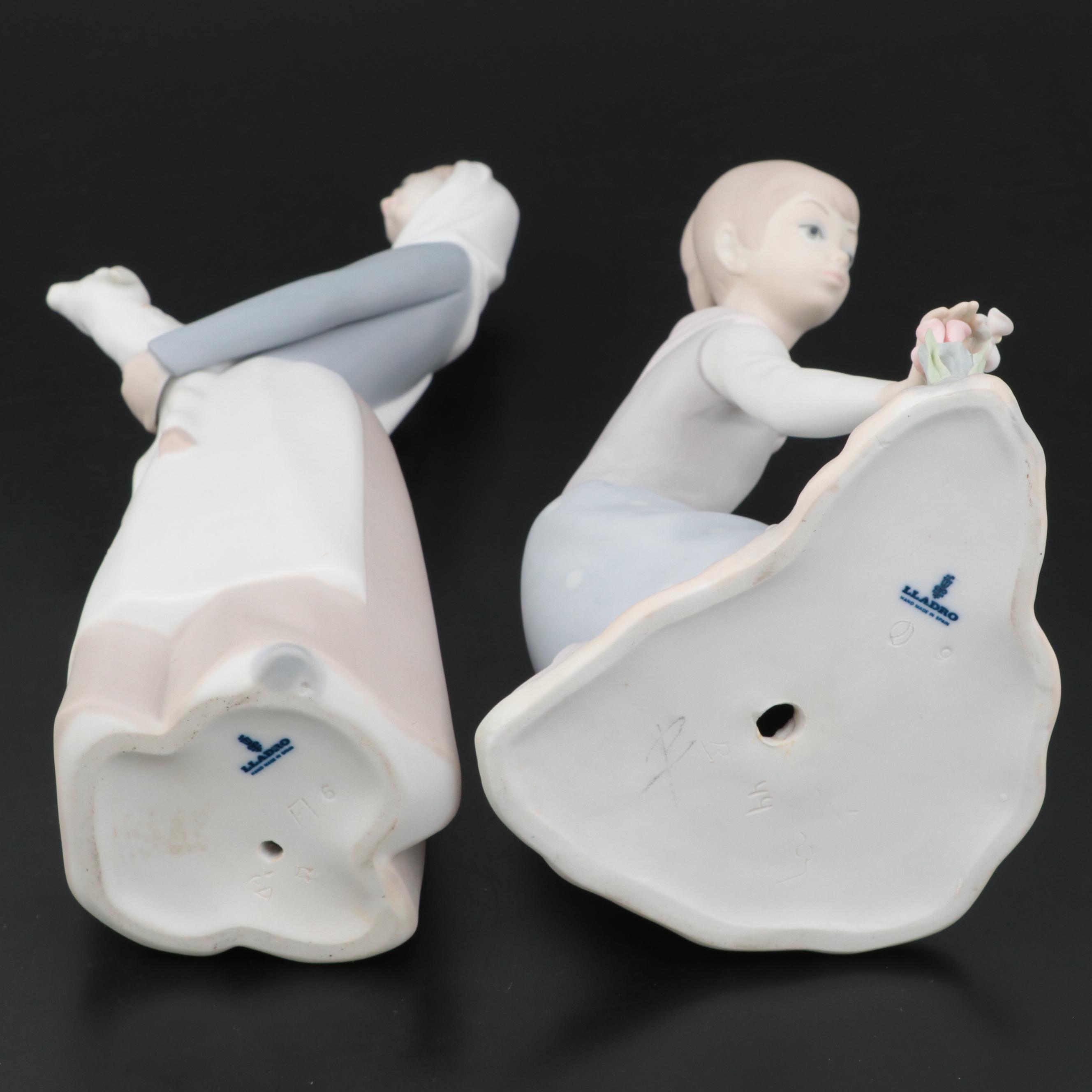 Lladró "Girl with Lamb" and "Girl Gathering Flowers" Porcelain Figurines