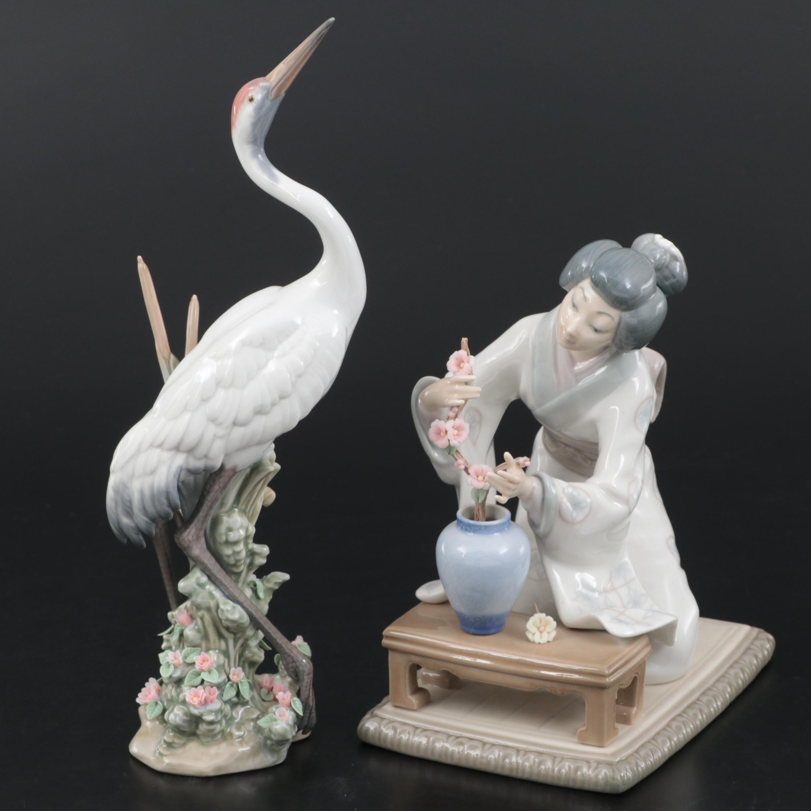 Lladró "Japanese Girl Decorating" and "Dancing Crane" Porcelain Figurines