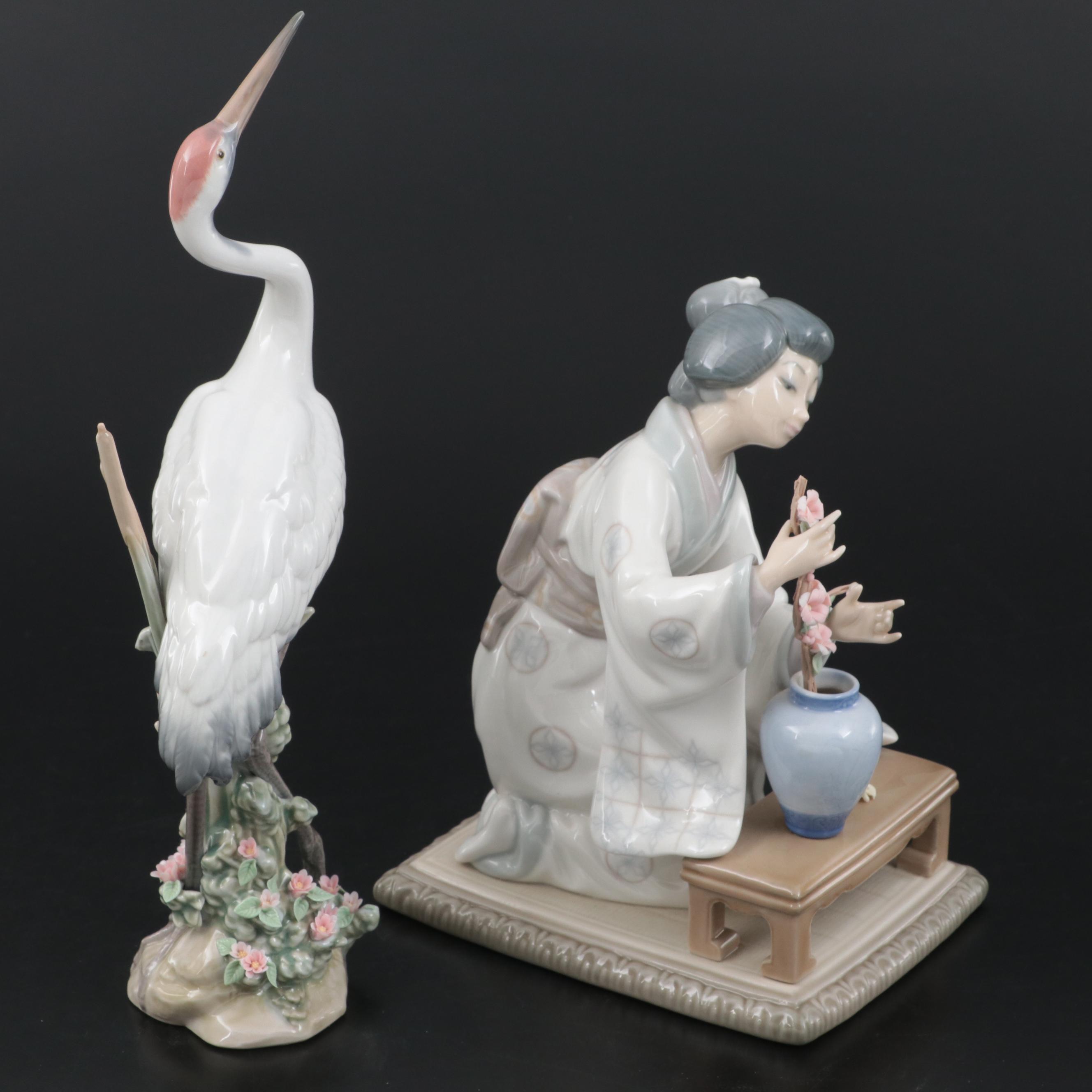 Lladró "Japanese Girl Decorating" and "Dancing Crane" Porcelain Figurines