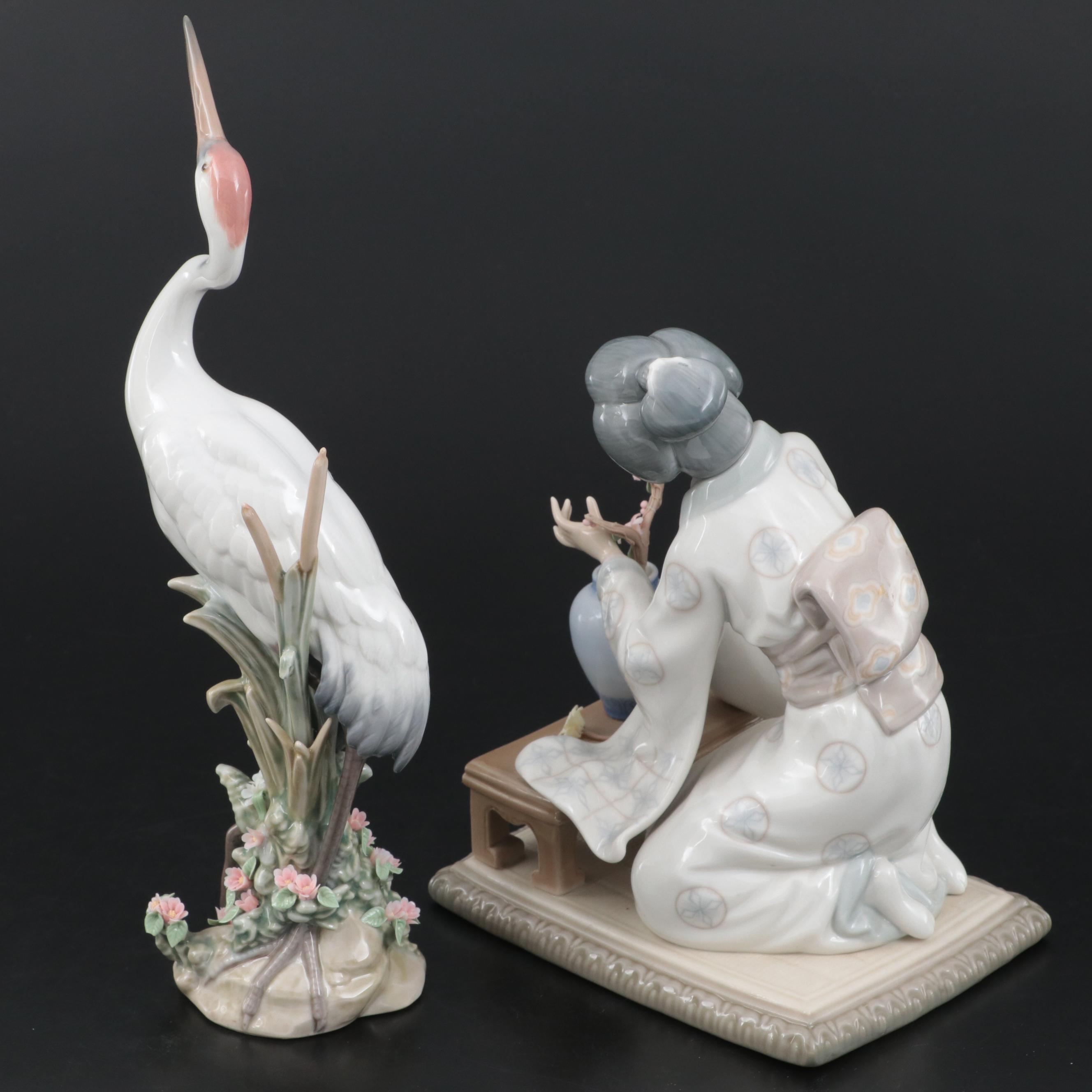 Lladró "Japanese Girl Decorating" and "Dancing Crane" Porcelain Figurines