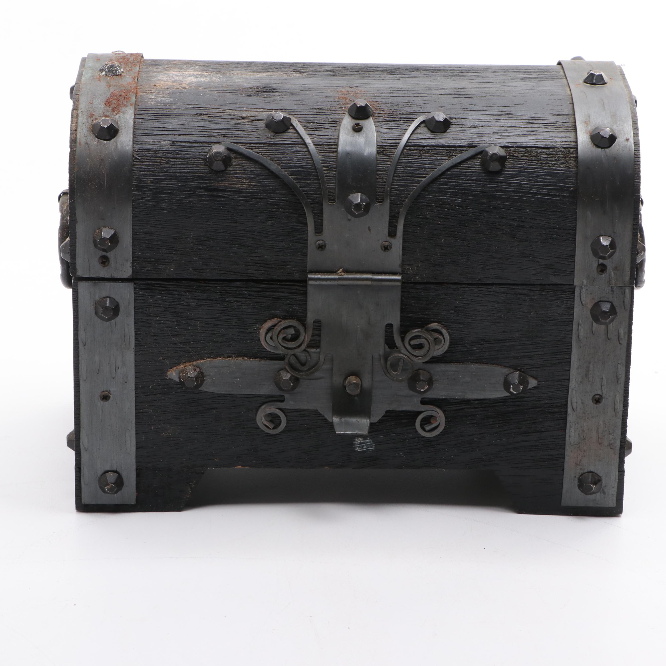 Indian Carved Wooden Box with Brass Inlay and Other Décor