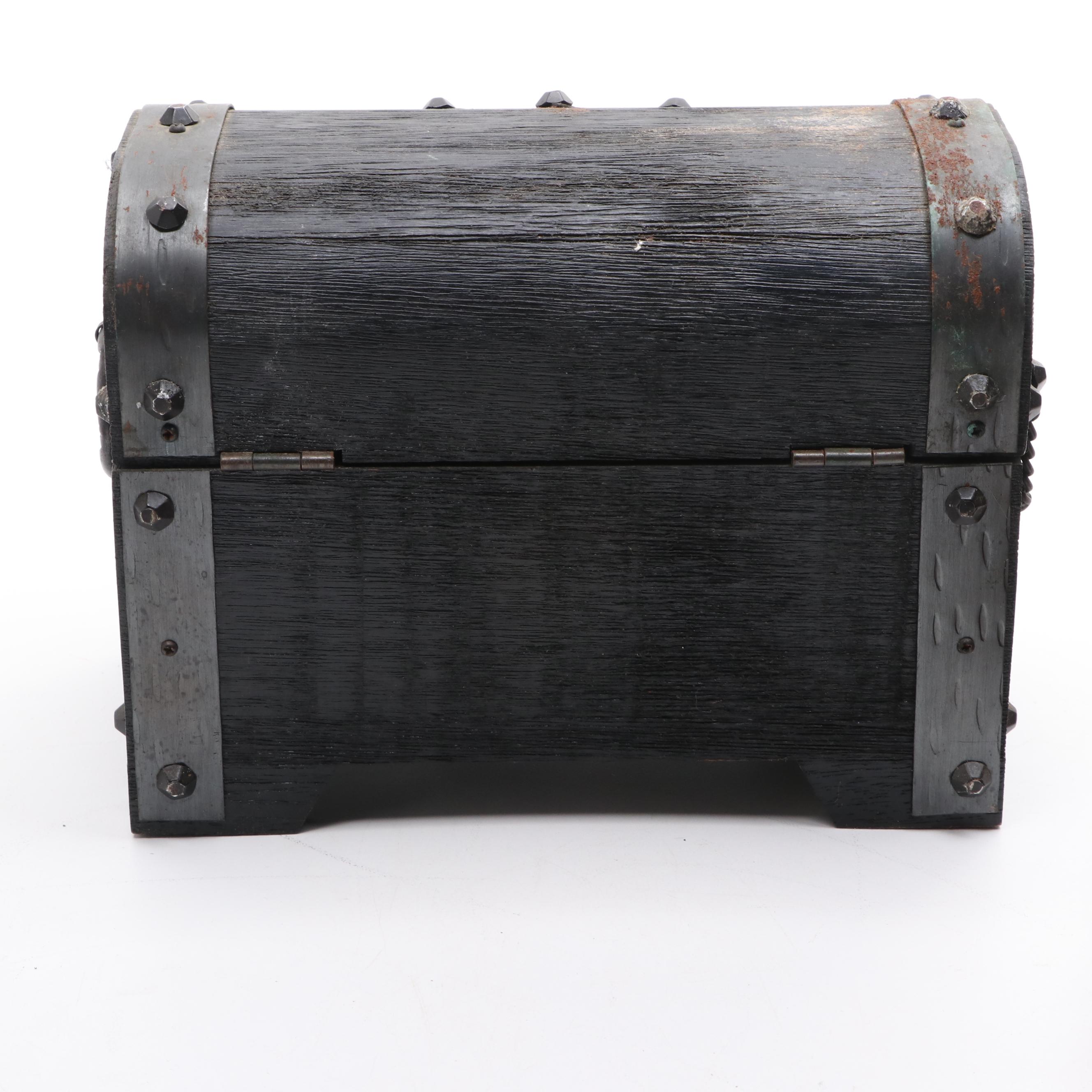 Indian Carved Wooden Box with Brass Inlay and Other Décor