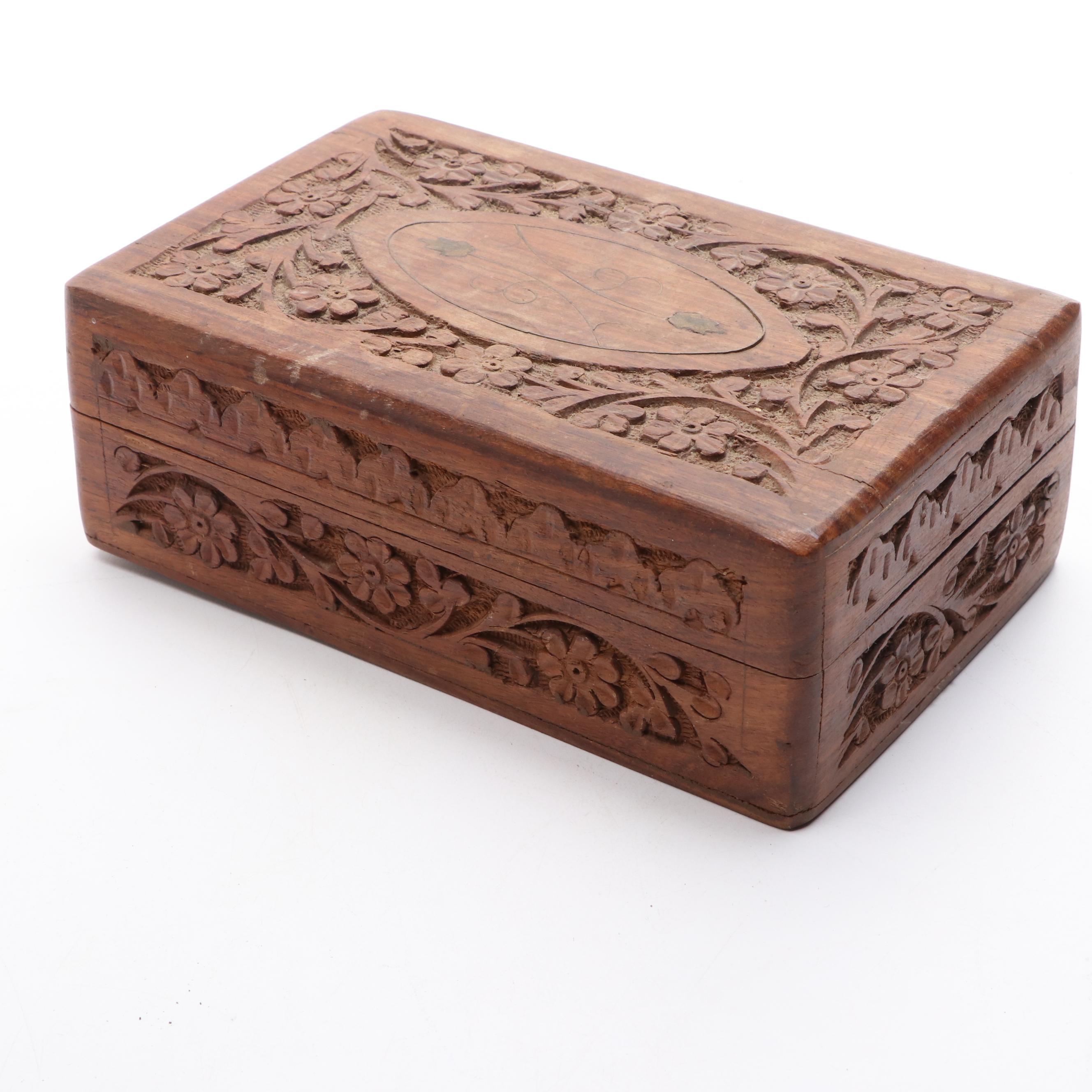 Indian Carved Wooden Box with Brass Inlay and Other Décor