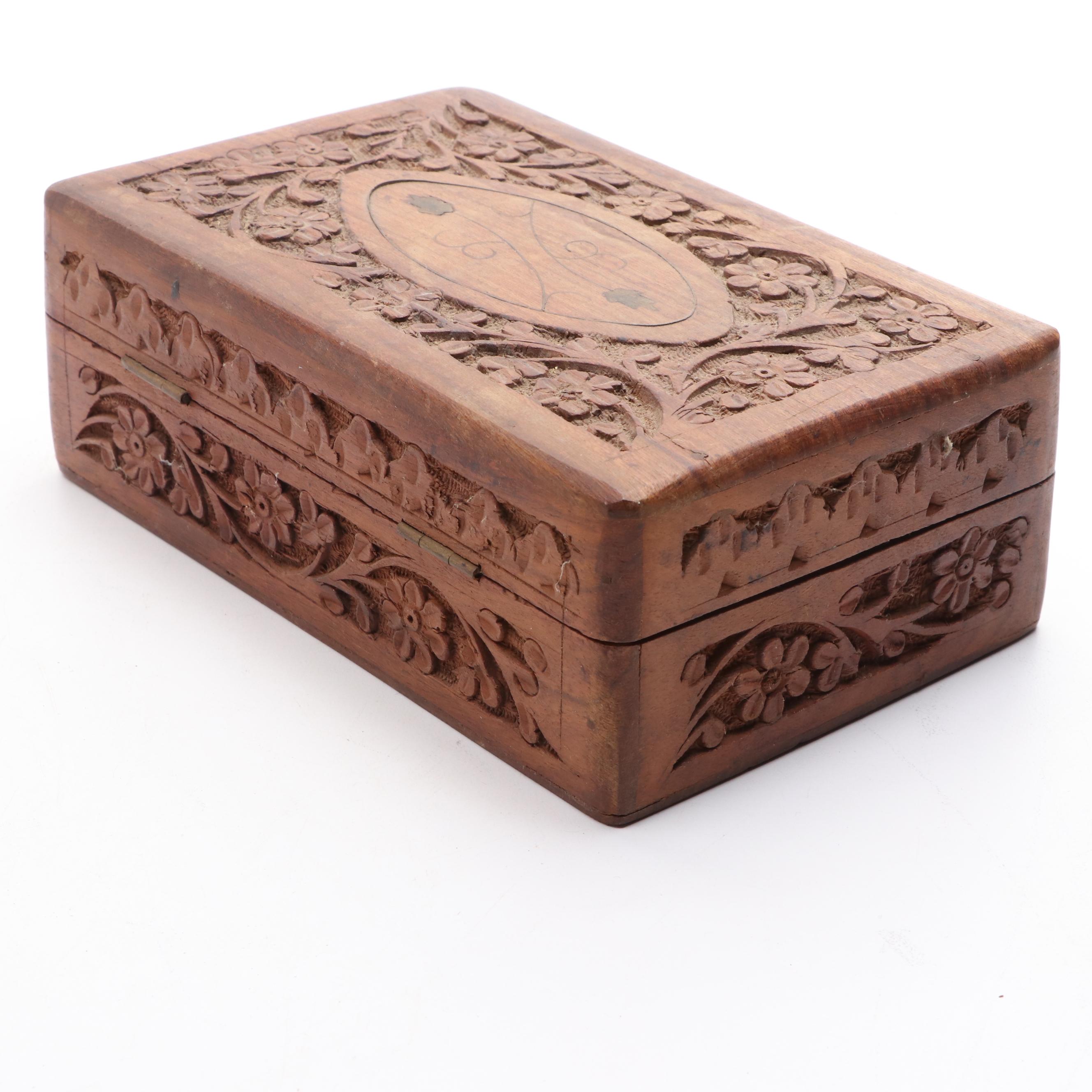 Indian Carved Wooden Box with Brass Inlay and Other Décor