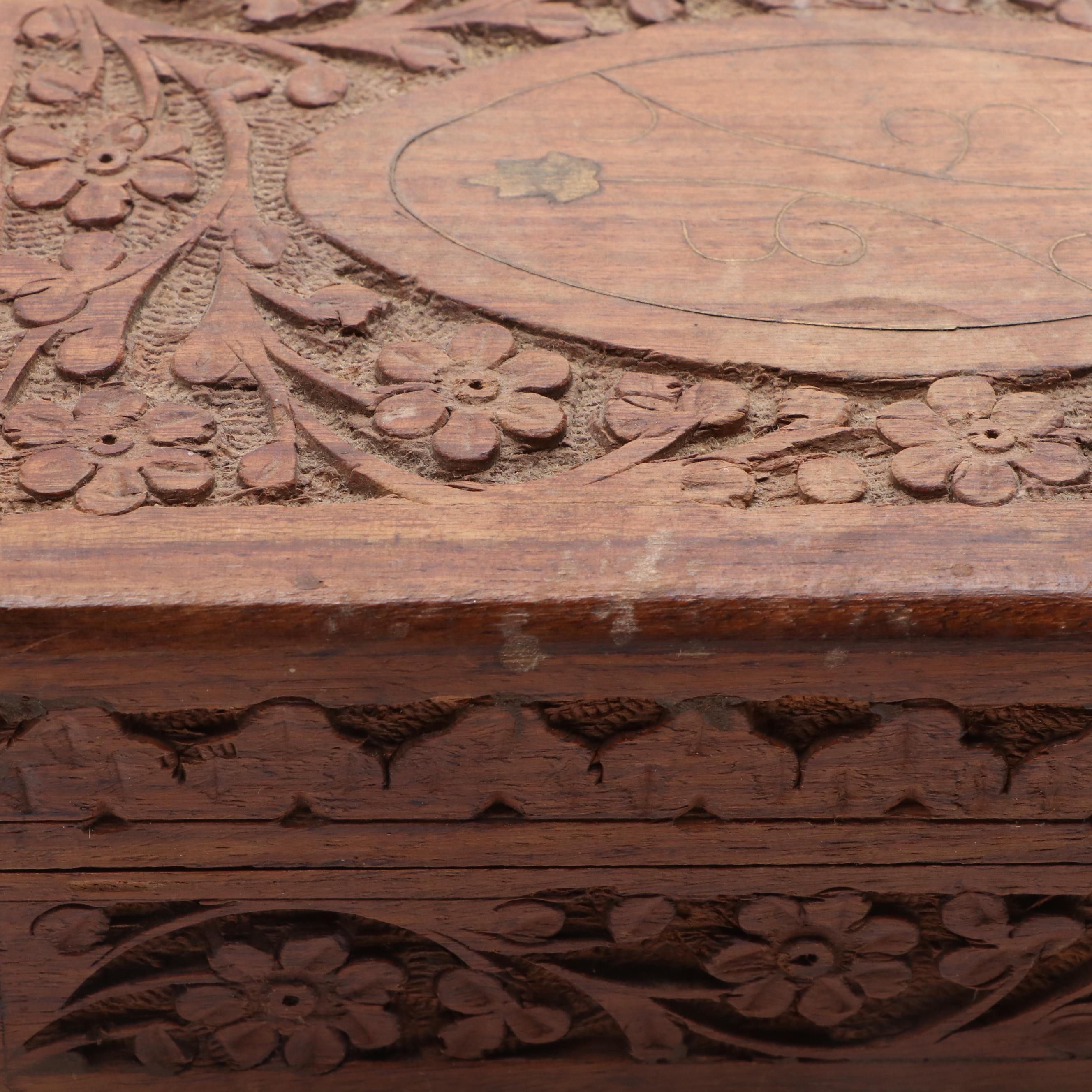 Indian Carved Wooden Box with Brass Inlay and Other Décor