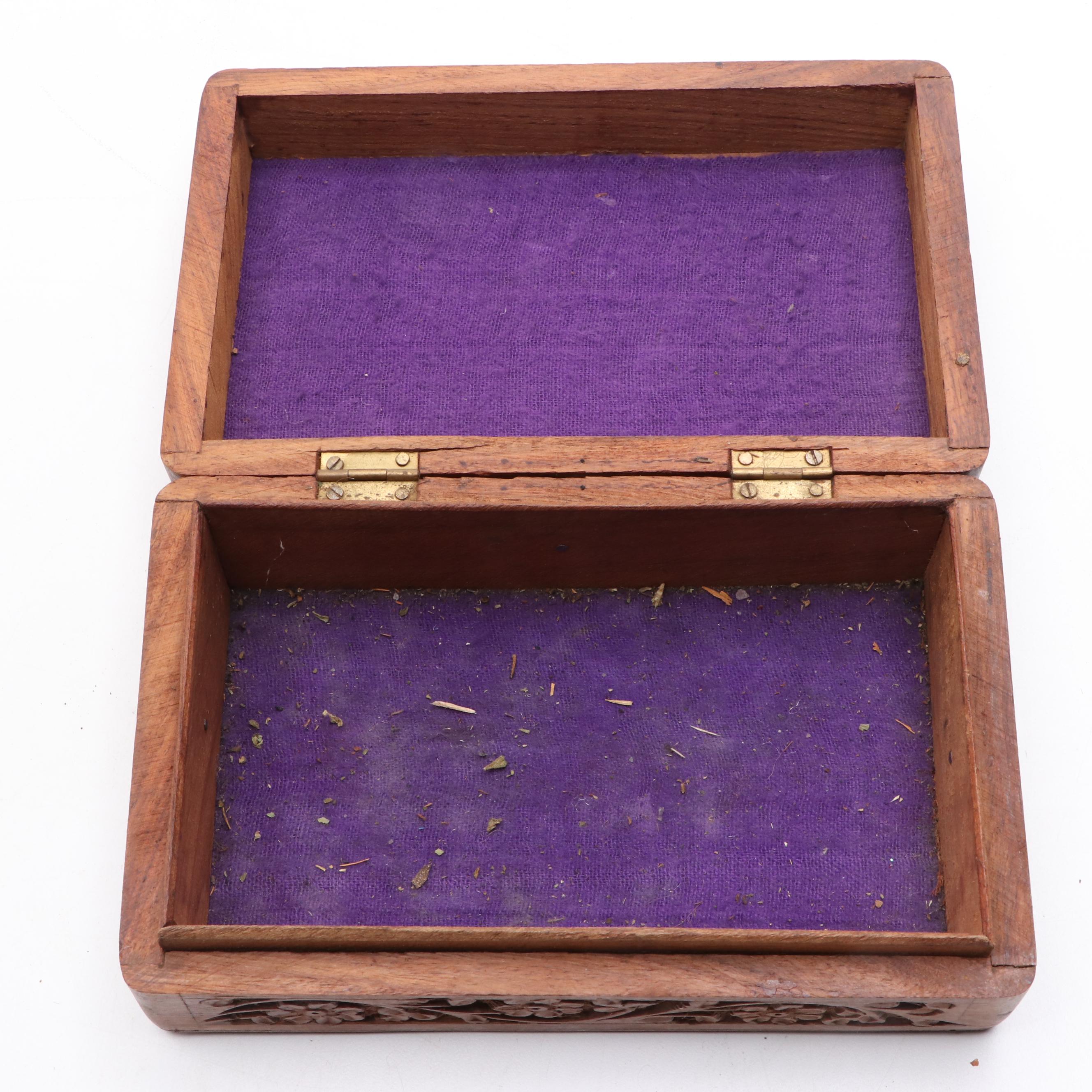 Indian Carved Wooden Box with Brass Inlay and Other Décor