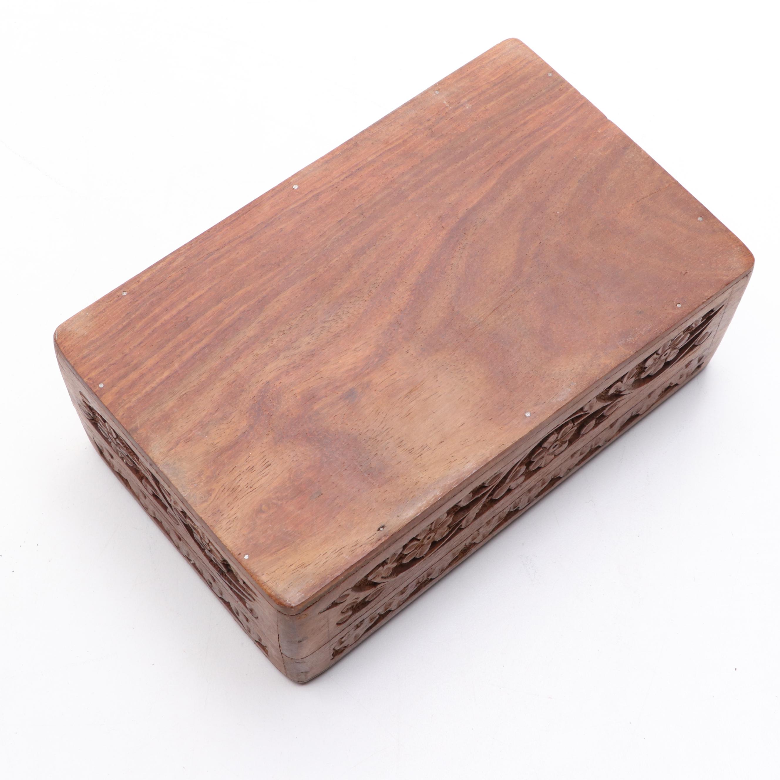 Indian Carved Wooden Box with Brass Inlay and Other Décor