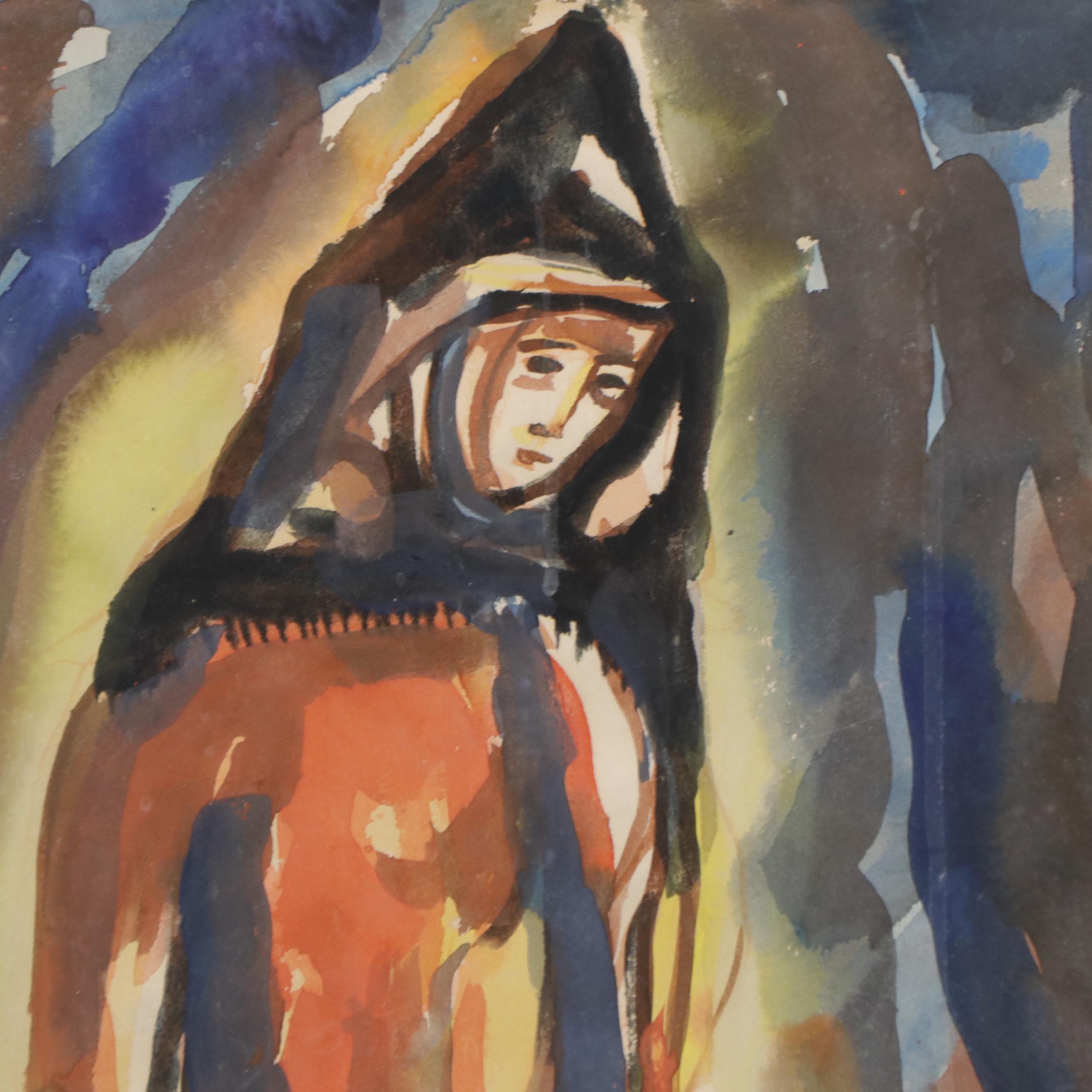Watercolor Painting of Hooded Figure