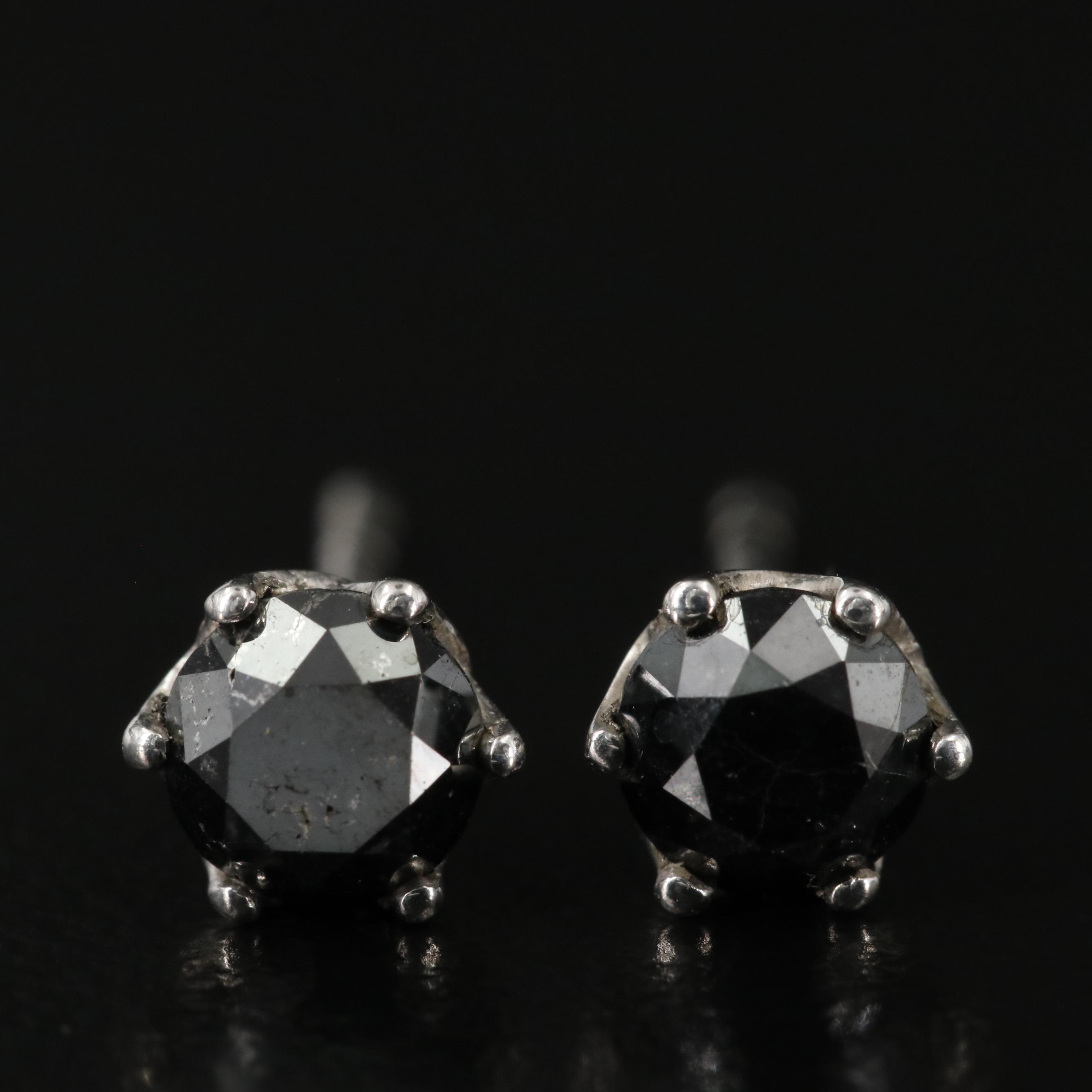 Sterling Black Diamond Round Stud Earrings