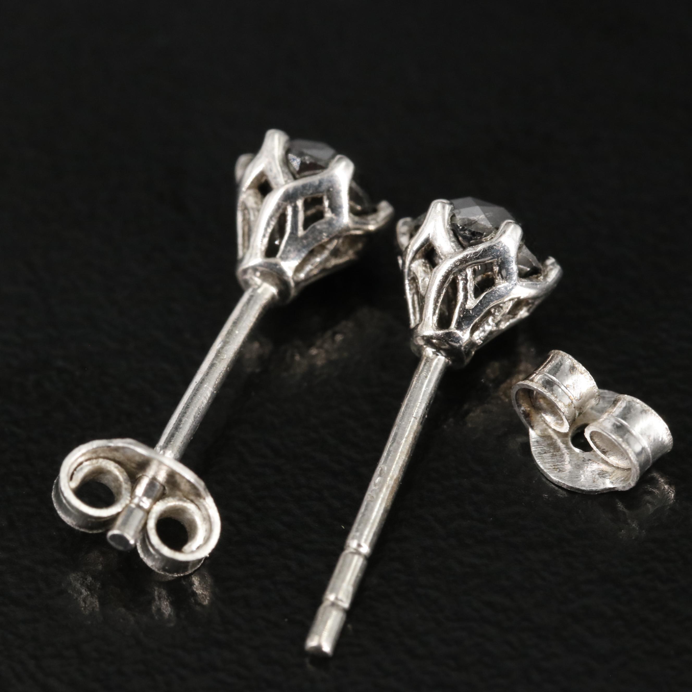 Sterling Black Diamond Round Stud Earrings