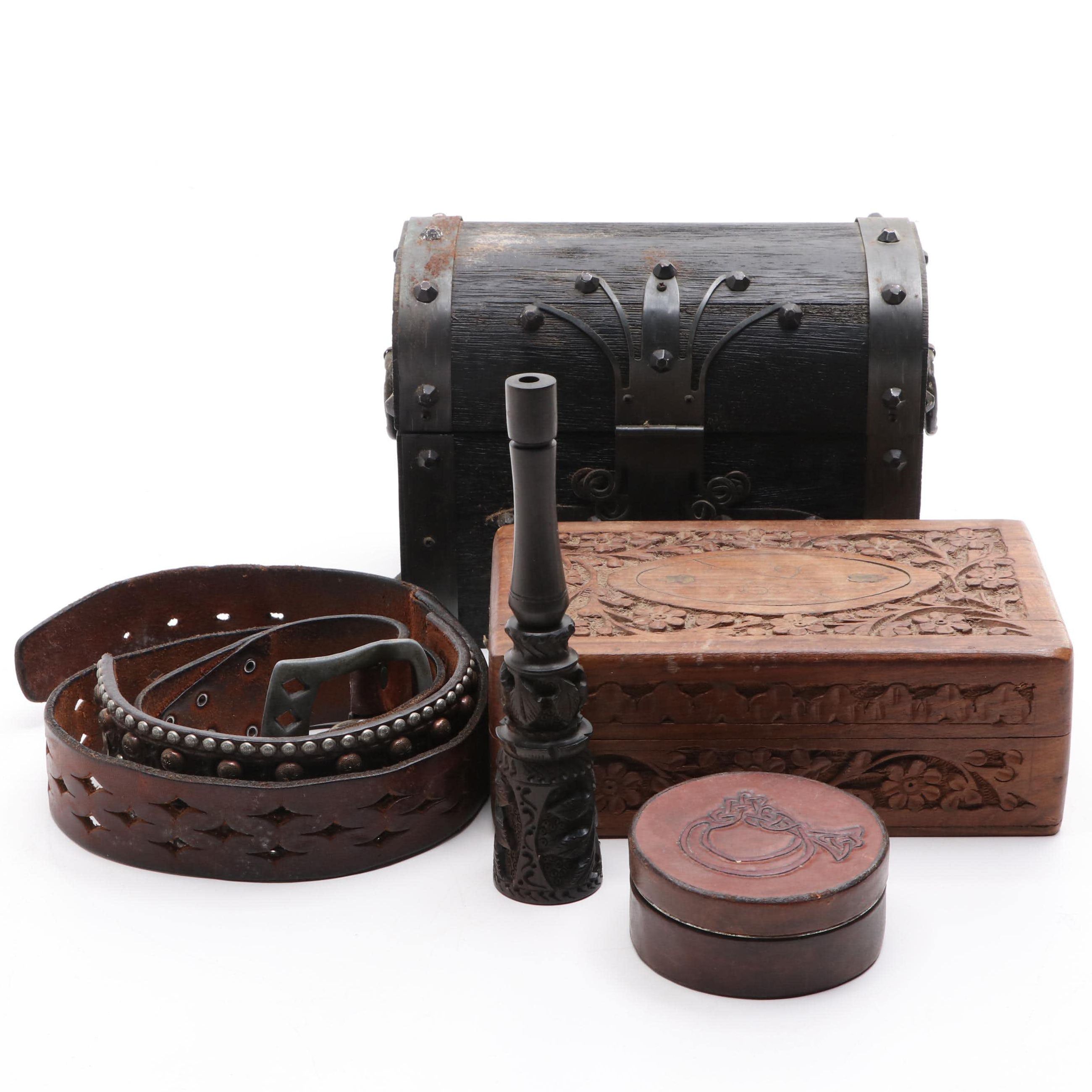 Indian Carved Wooden Box with Brass Inlay and Other Décor