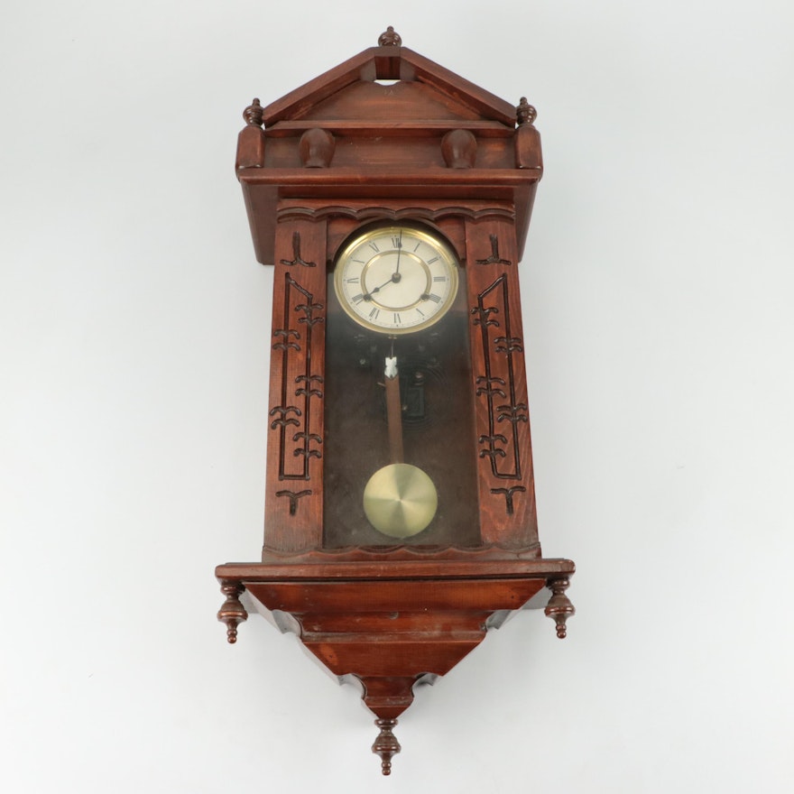 Hobbyist Hand-Carved Wooden Wall Clock, Early to Mid-20th Century