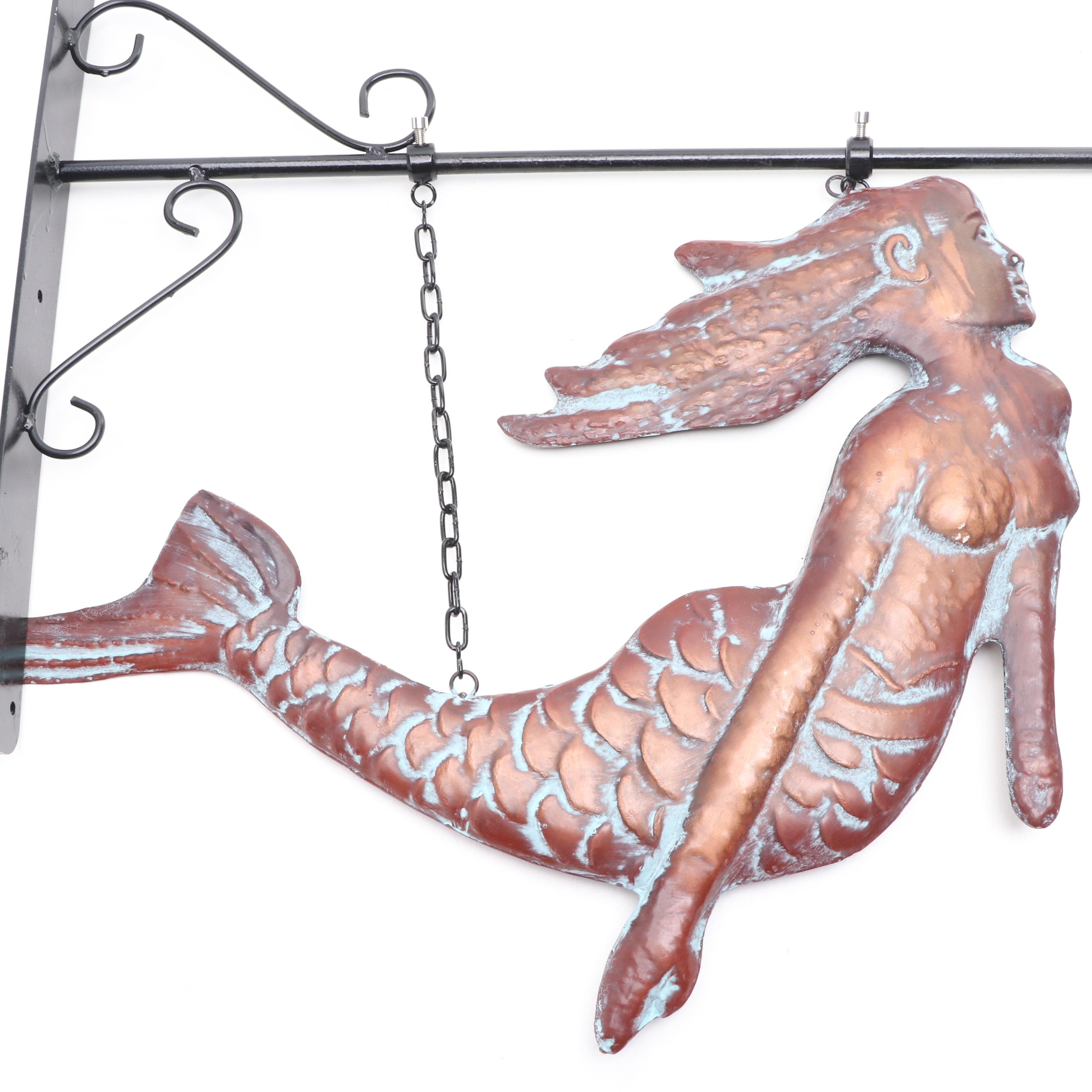 Patinated Copper Wall-Mount Hanging Mermaid Sign