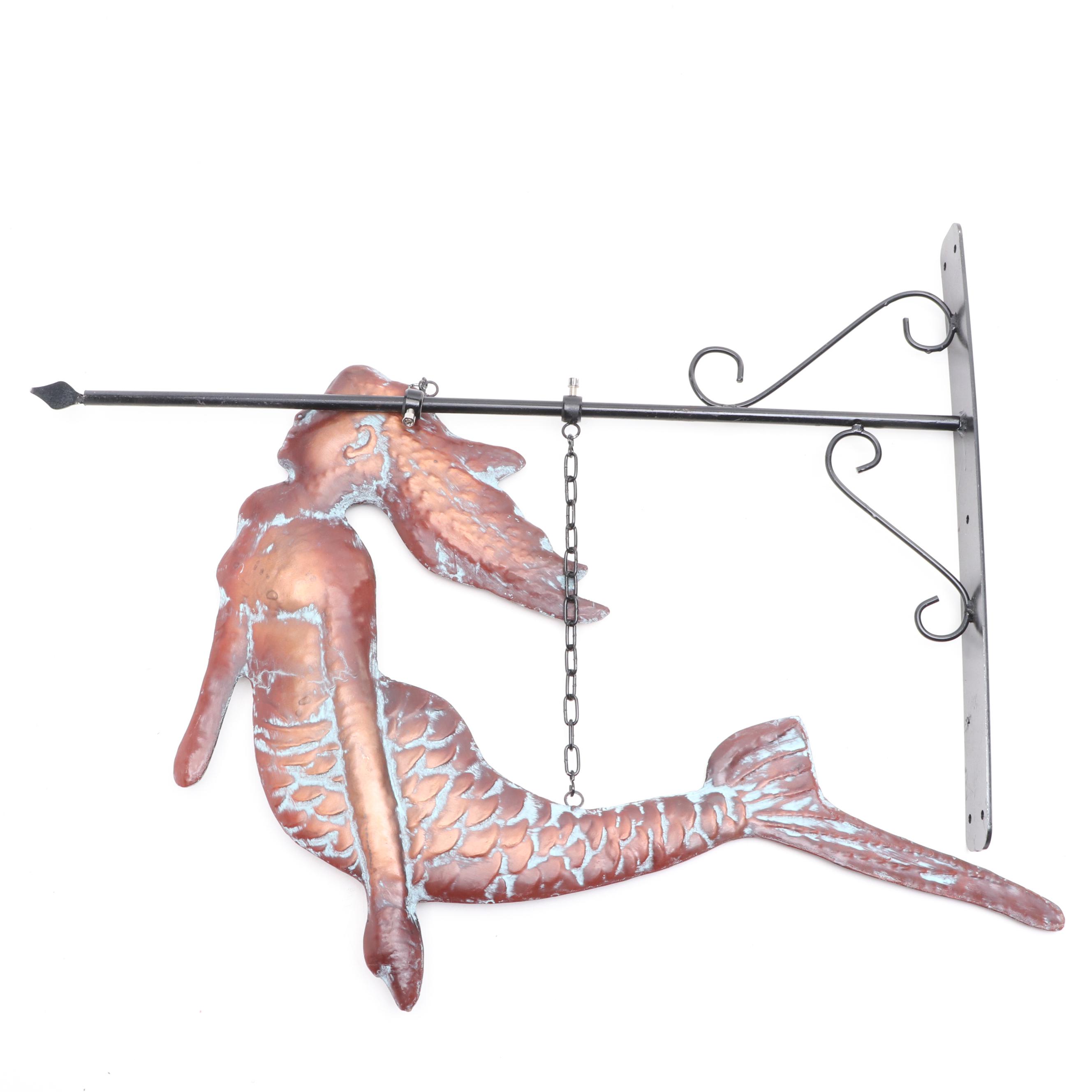 Patinated Copper Wall-Mount Hanging Mermaid Sign