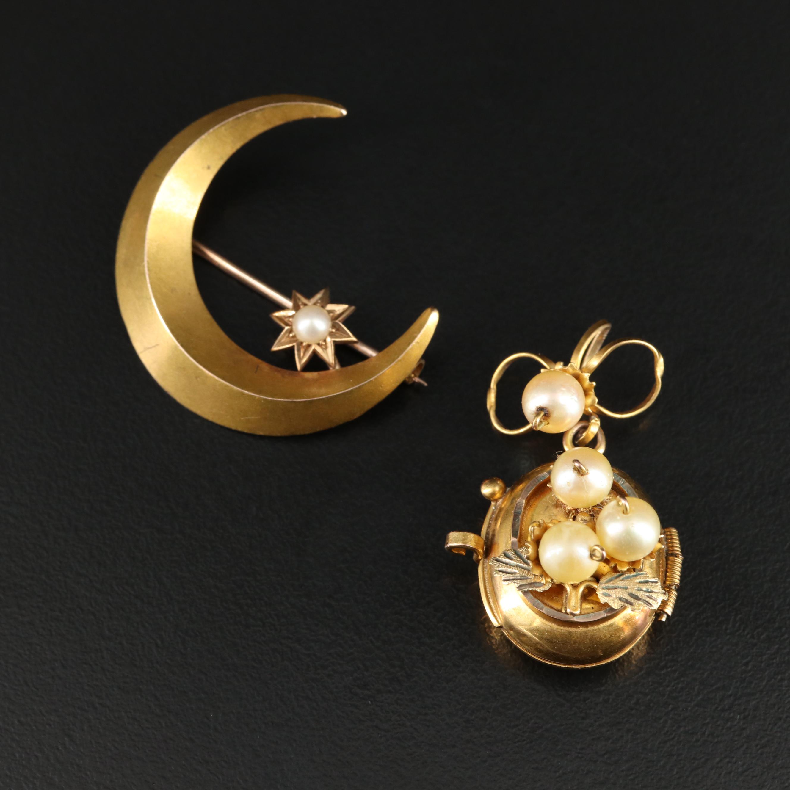 14K Pearl Crescent Moon Brooch and Pearl Locket