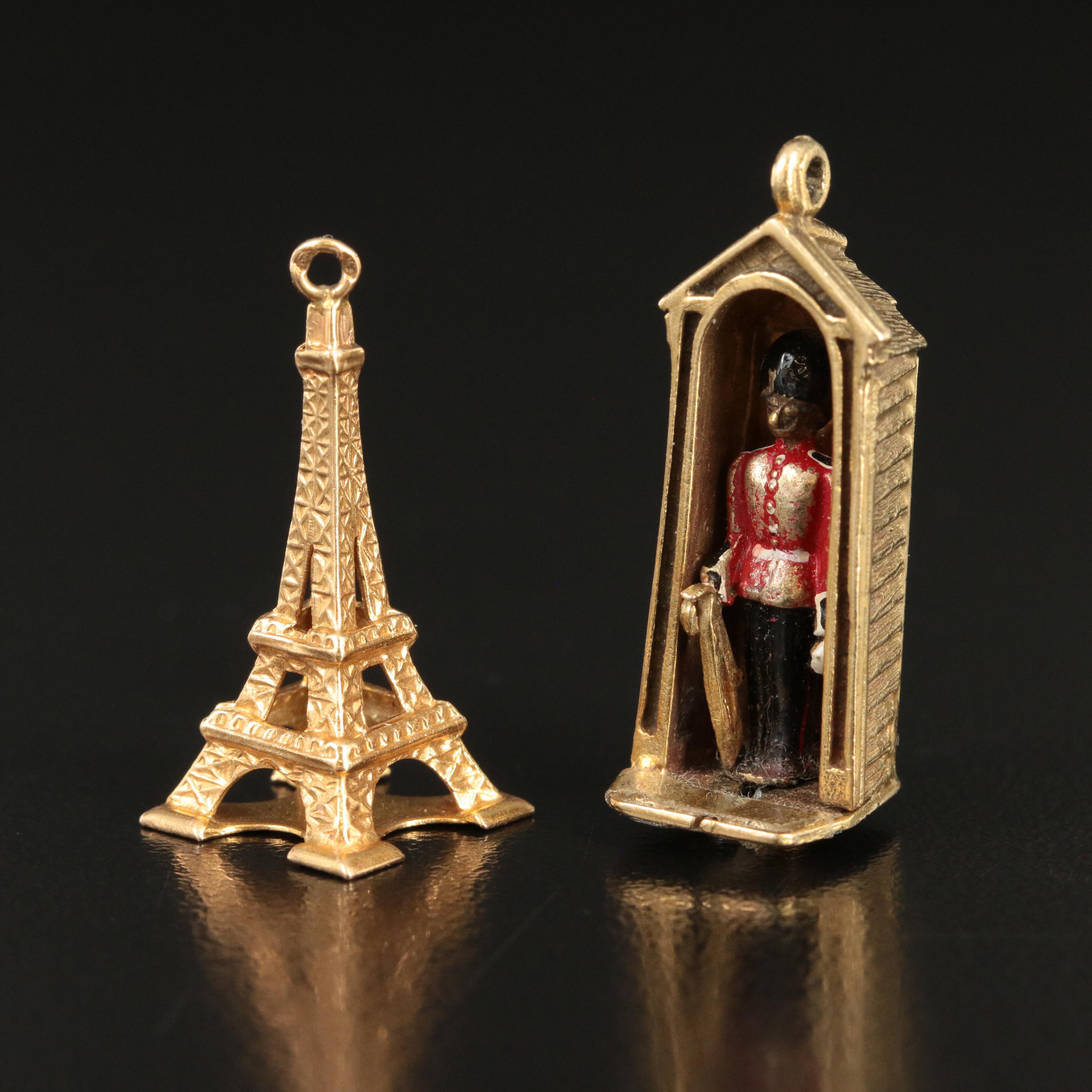 18K Eiffel Tower and 14K Tower of London Enamel Travel Charms
