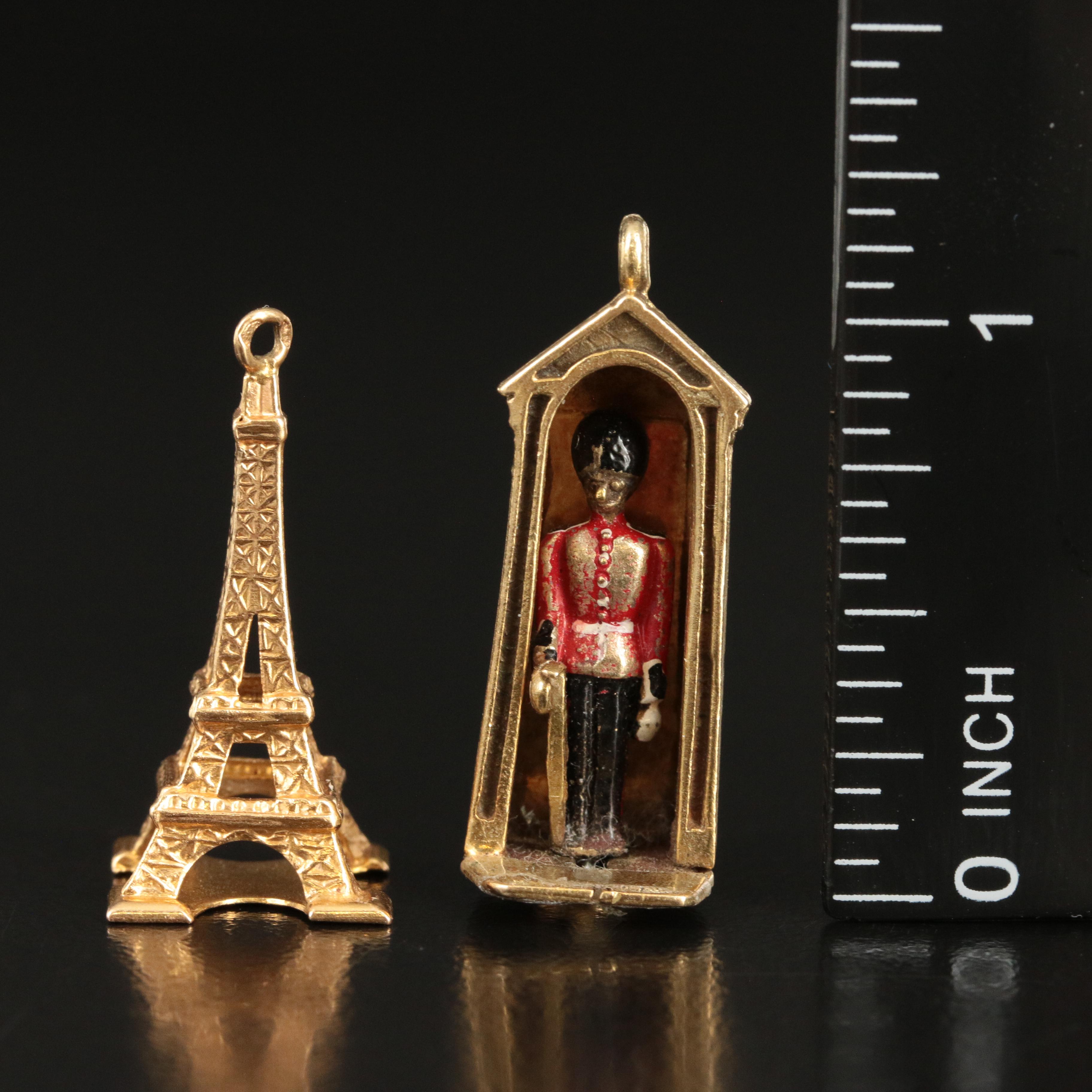 18K Eiffel Tower and 14K Tower of London Enamel Travel Charms