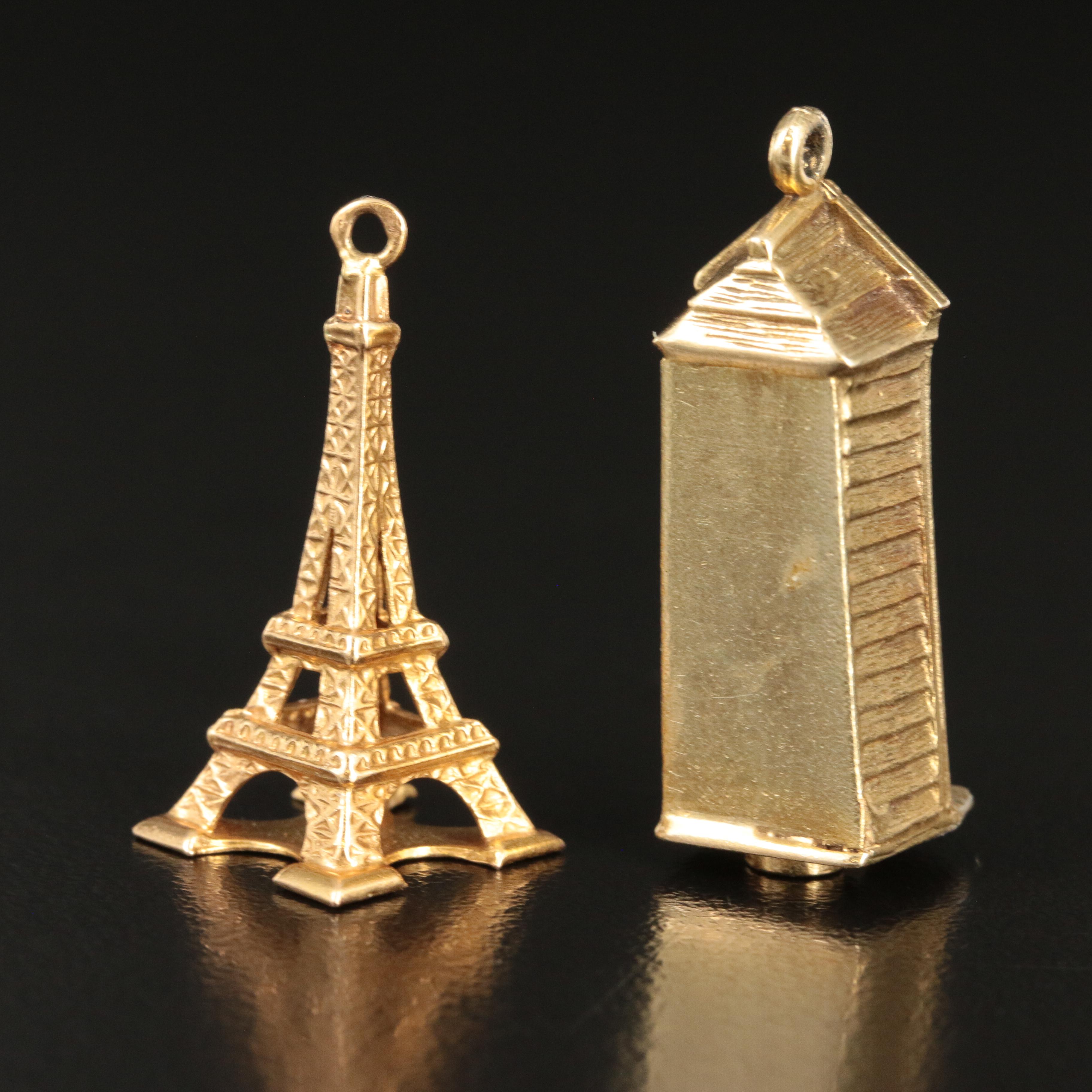 18K Eiffel Tower and 14K Tower of London Enamel Travel Charms