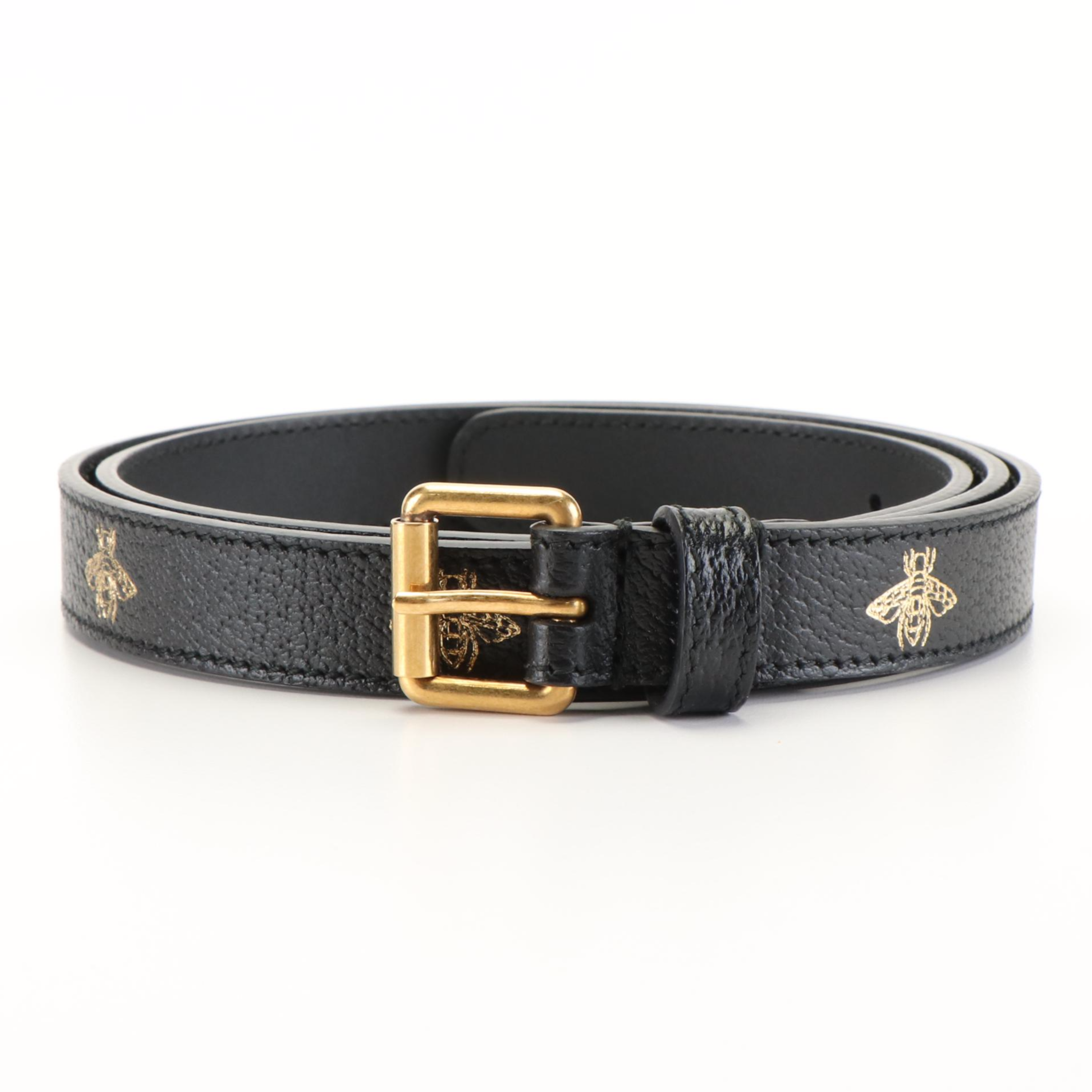 Gucci Bees And Stars Print Black Leather Belt