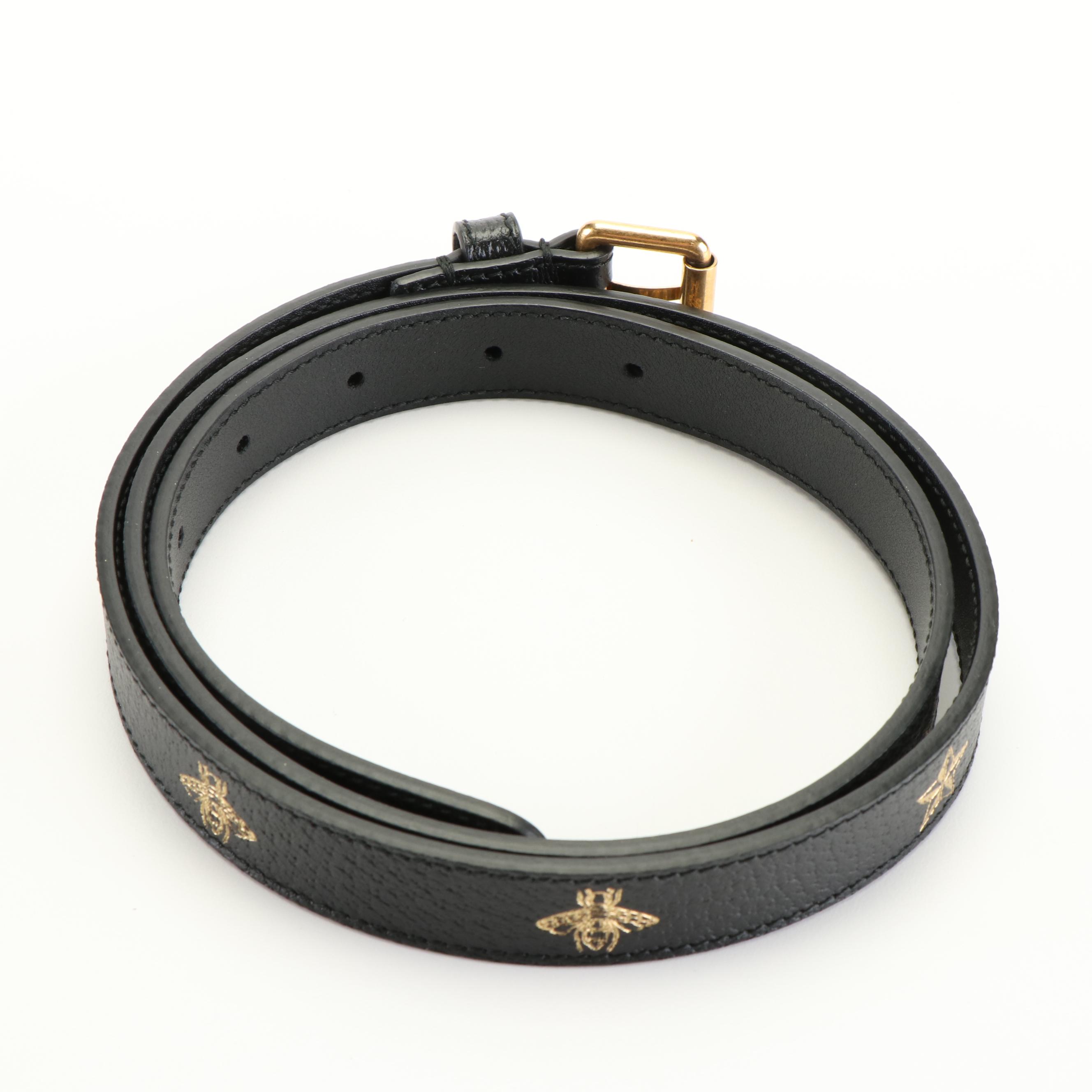Gucci Bees And Stars Print Black Leather Belt
