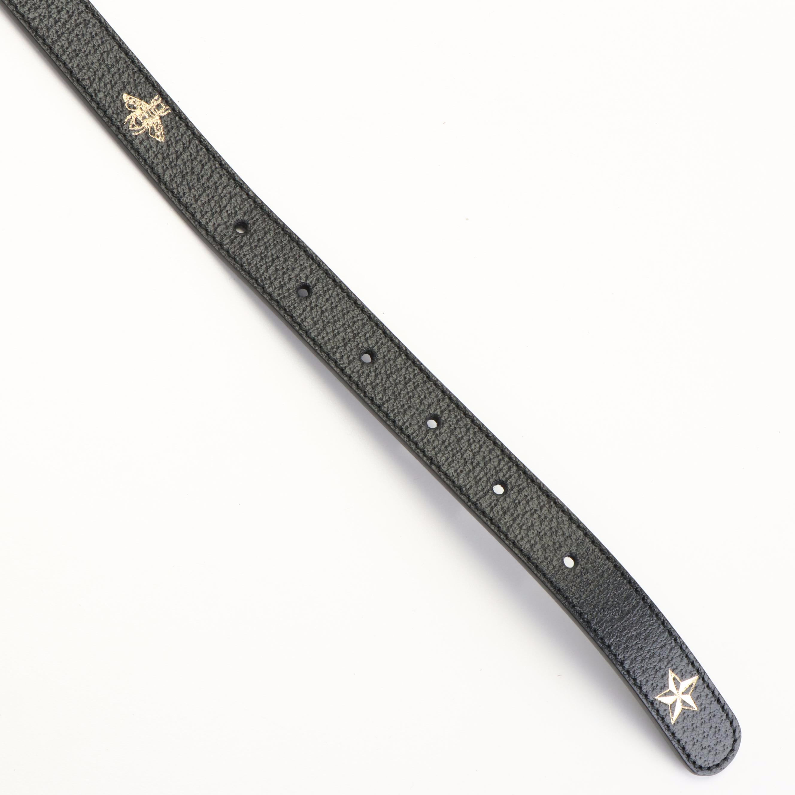 Gucci Bees And Stars Print Black Leather Belt